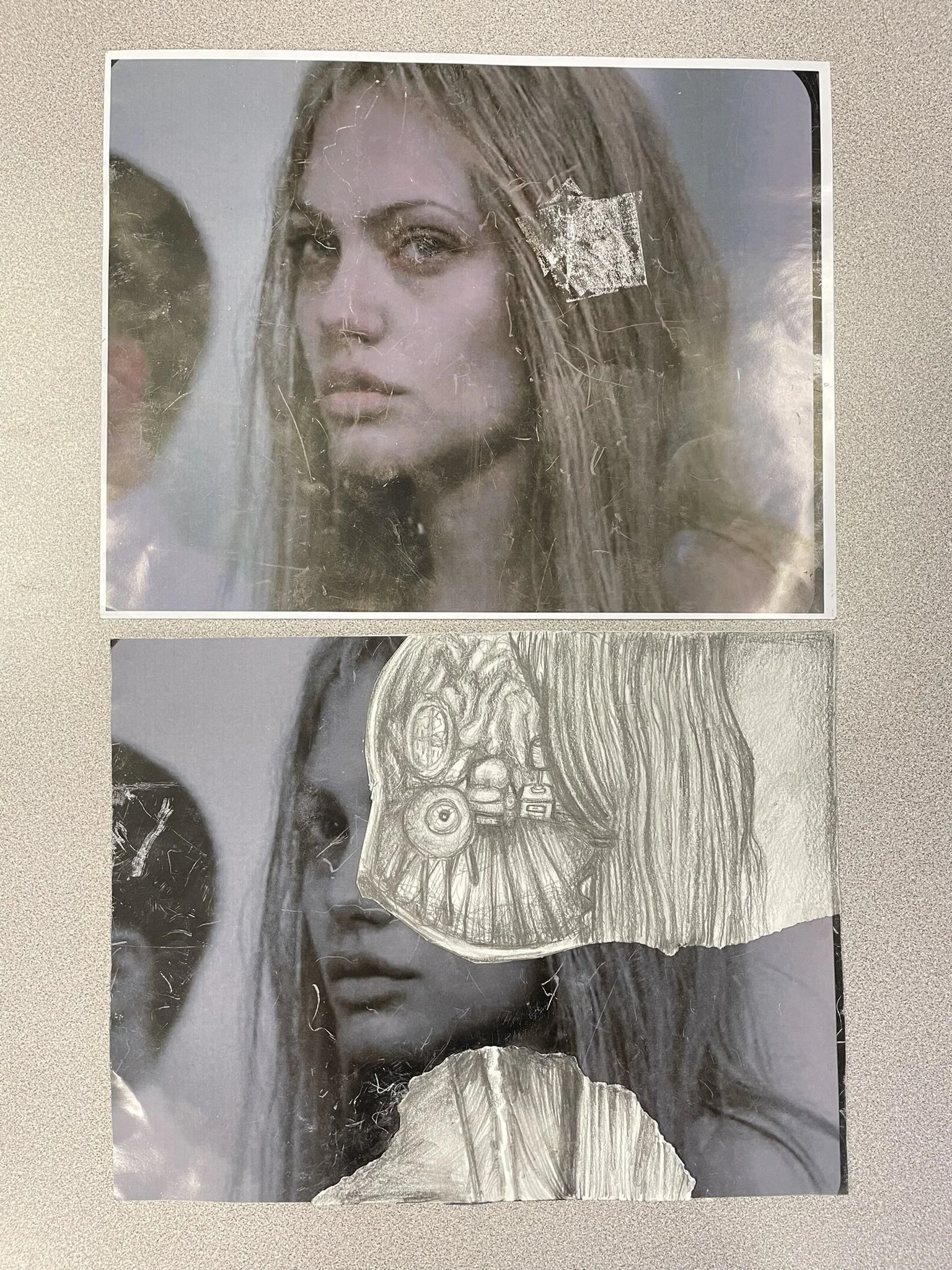 Two photographs of the same woman. The top photo is a close-up of her face with some damage on the photo. The bottom photo shows her face in black and white with a circular, detailed sketch overlaying her eye area and tearing in the photo revealing a
