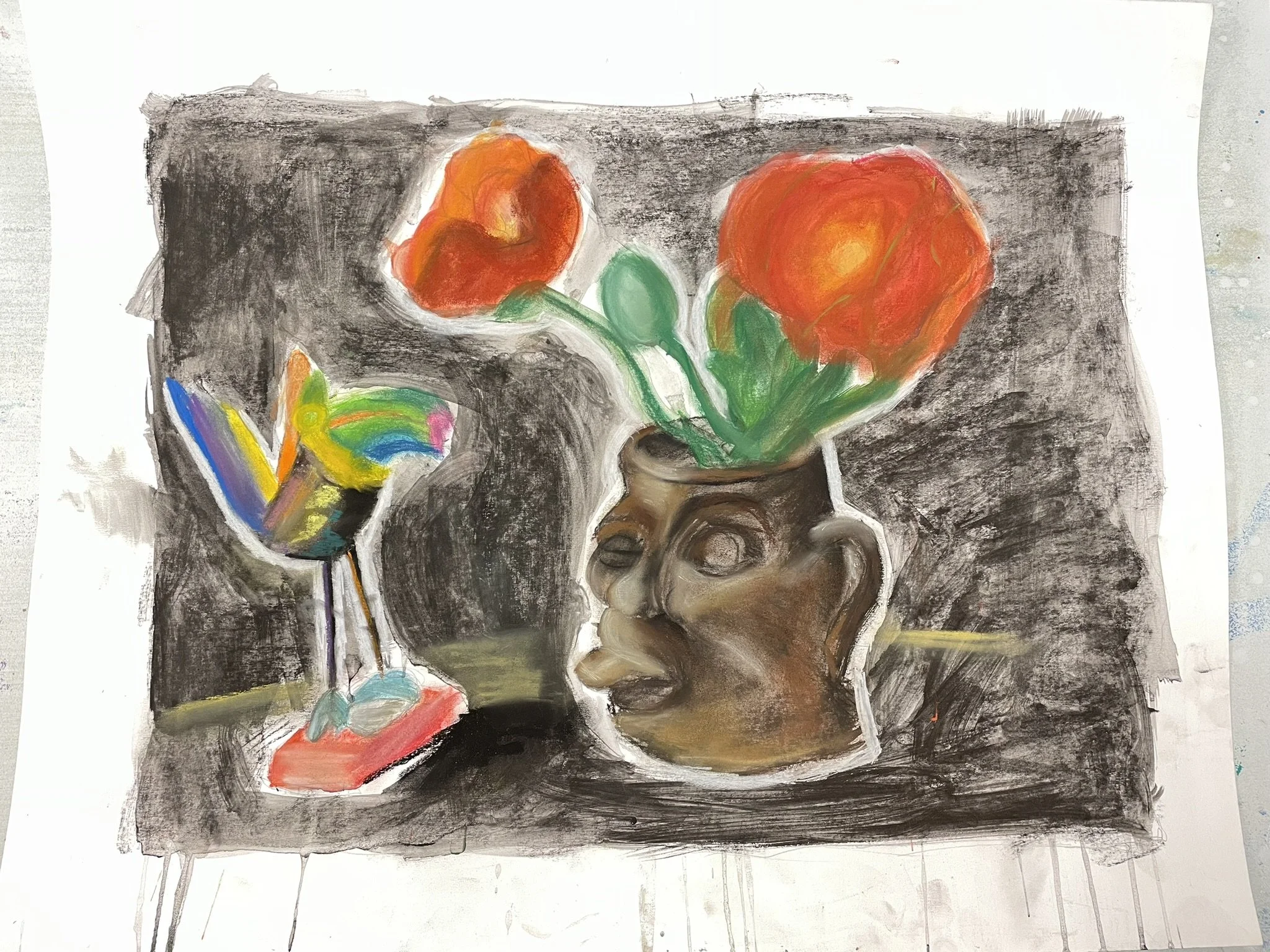 A still life painting of a vase with orange flowers, a colorful butterfly, and a red base on a dark, textured background.