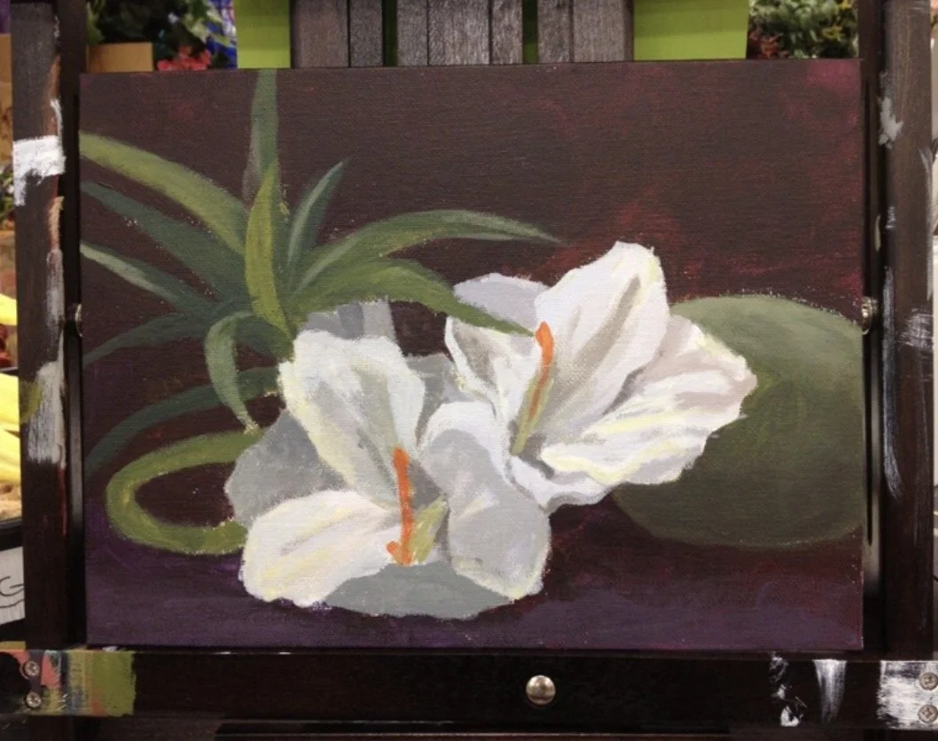 Painting of a white lily flower with green leaves against a dark background.