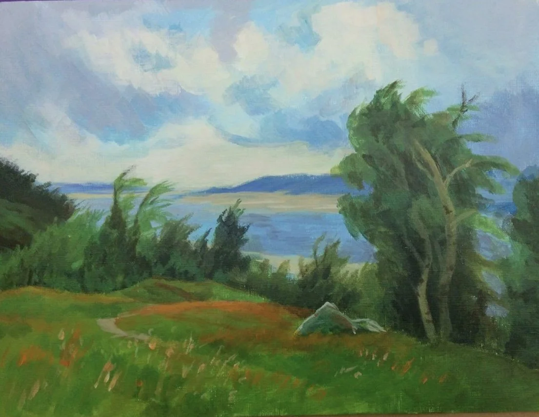 A landscape painting depicting a green grassy hill with a dirt path, large green trees, a body of water, and distant mountains under a cloudy blue sky.