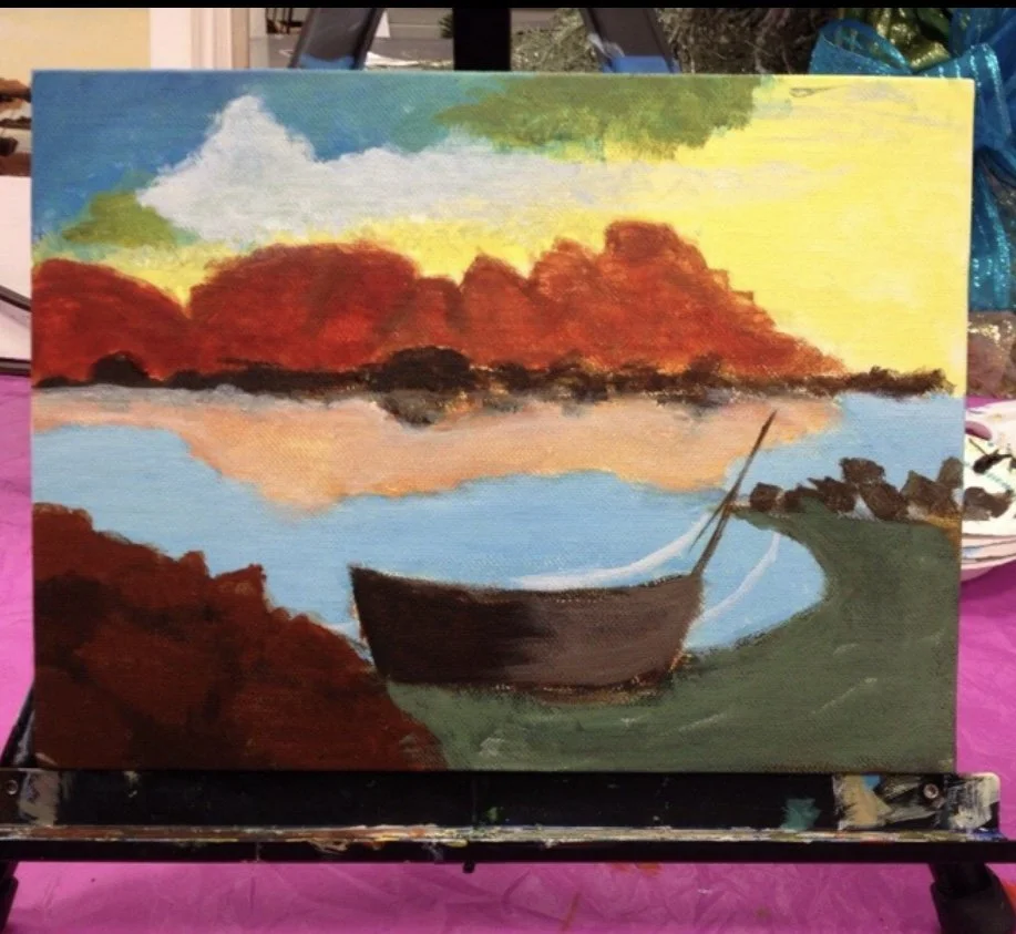 Painting of a boat on a body of water at sunset with a colorful sky and clouds.