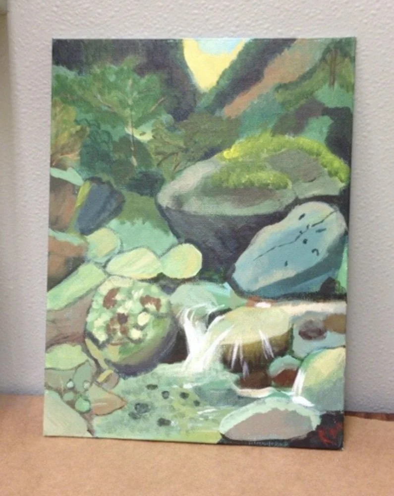 Painting of a lush green river scene with rocks, small waterfalls, and trees in the background.