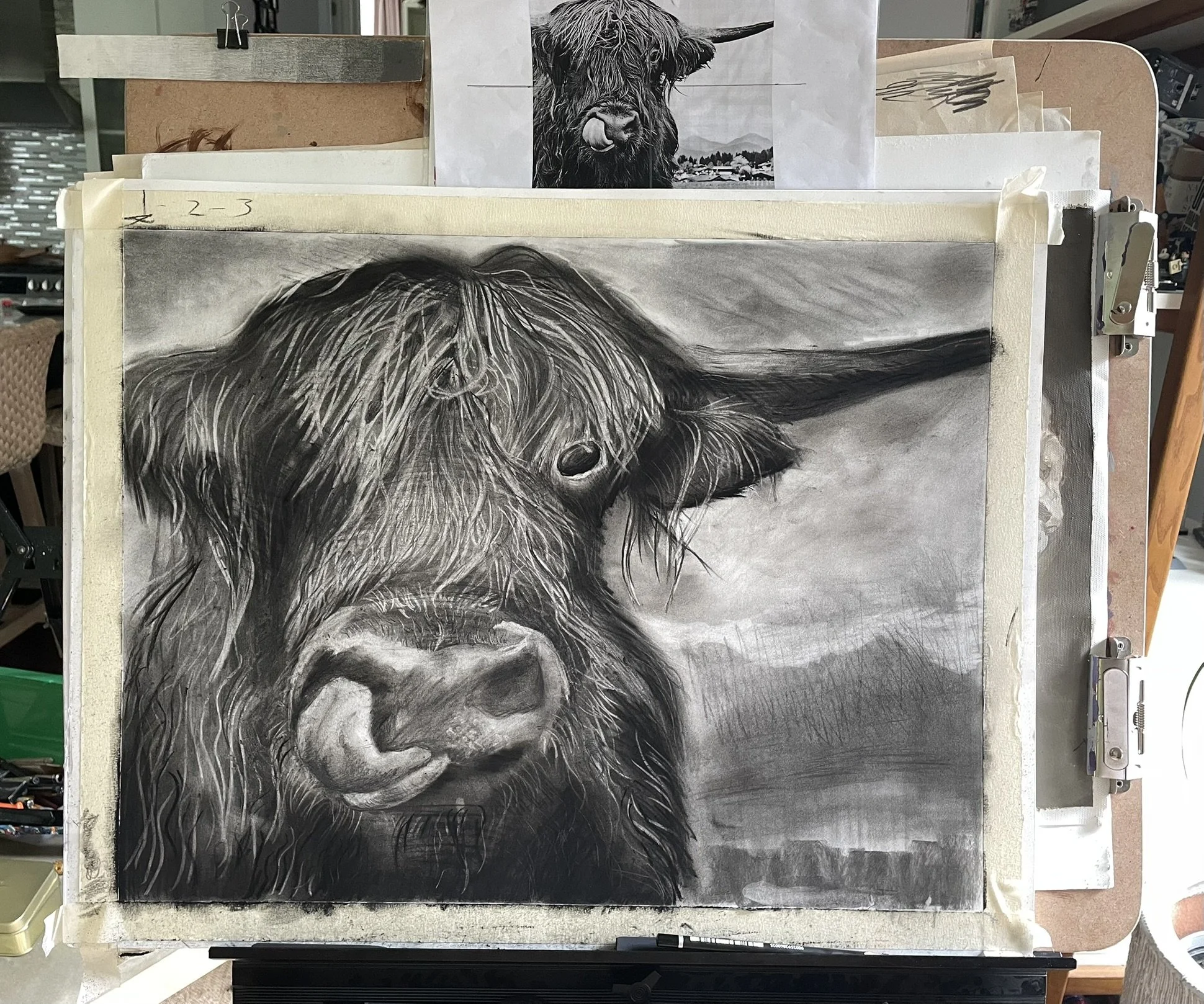 Black and white graphite drawing of a Highland cow with long hair covering one eye, set against a mountainous landscape.