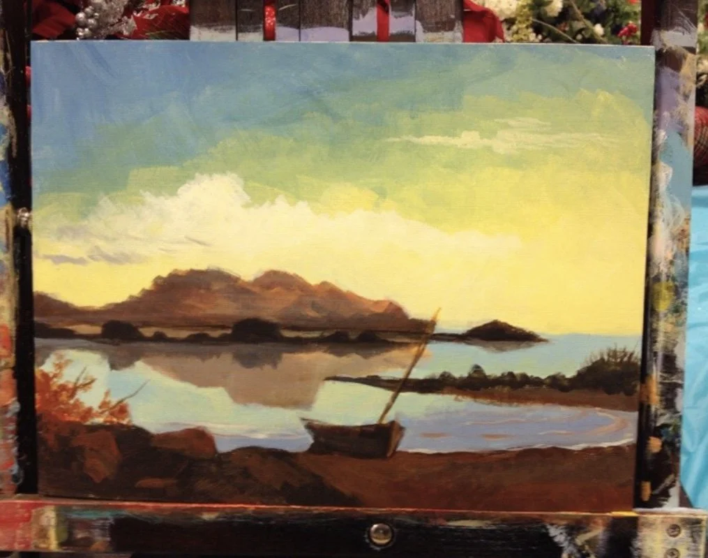 Oil painting of a boat on a calm body of water at sunset with mountains, trees, and a partly cloudy sky.