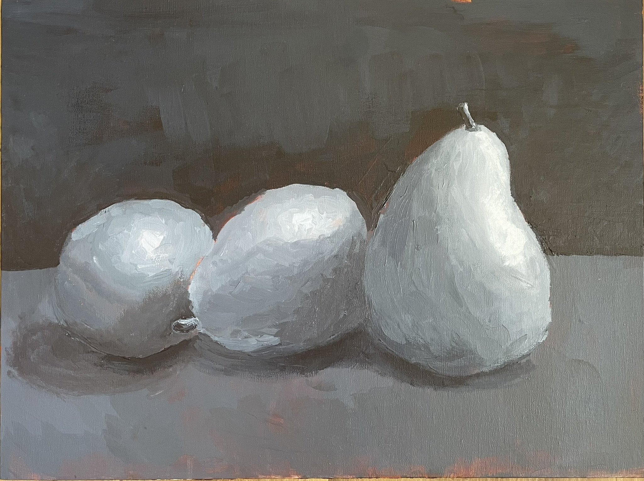 A painting of three white pears on a gray surface with a dark background in a realistic style.