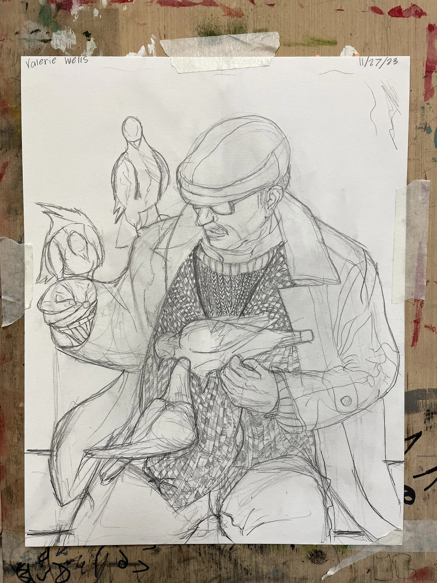 A detailed pencil sketch of a man wearing a cap and sunglasses, holding a fish while sitting down. In the background, there are two smaller sketches of people, one standing and one with spiky hair.