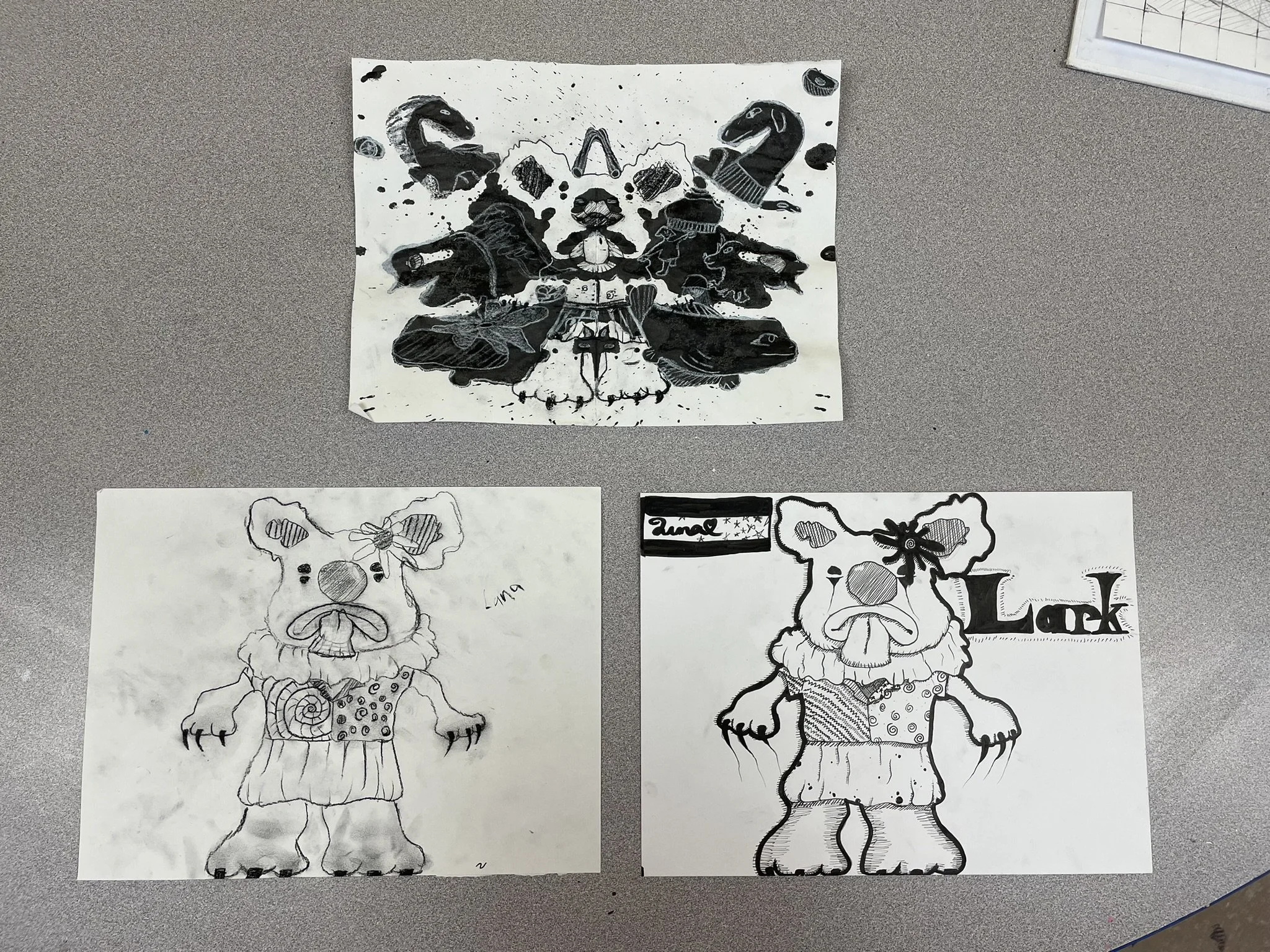 Three drawings of a cartoon dog character, one in a realistic style with ink and the other two in a cartoon style, featuring the name 'Luna' and the word 'Lark'.