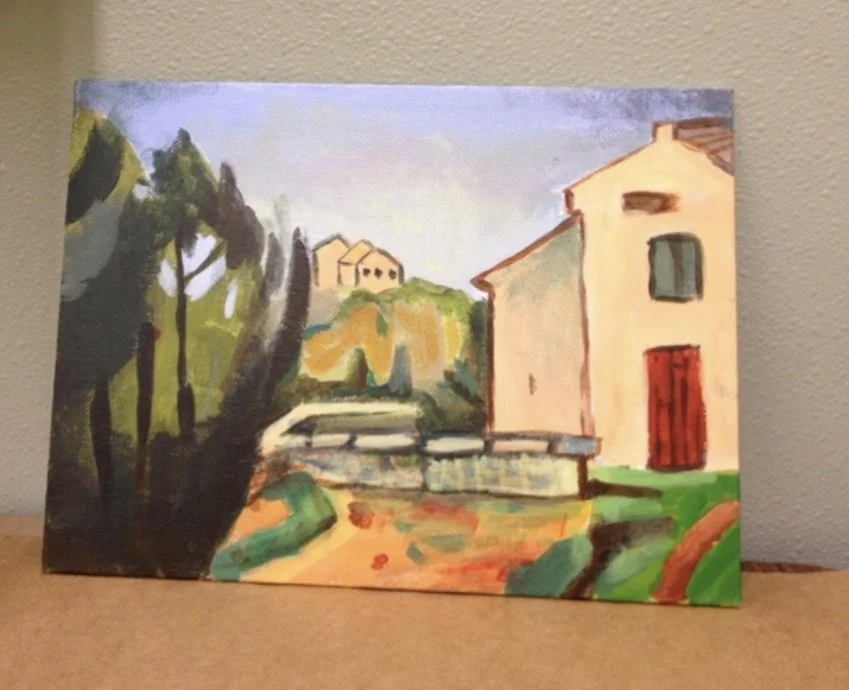 Painting of a rural landscape with trees, a building with a red door, and a pathway.