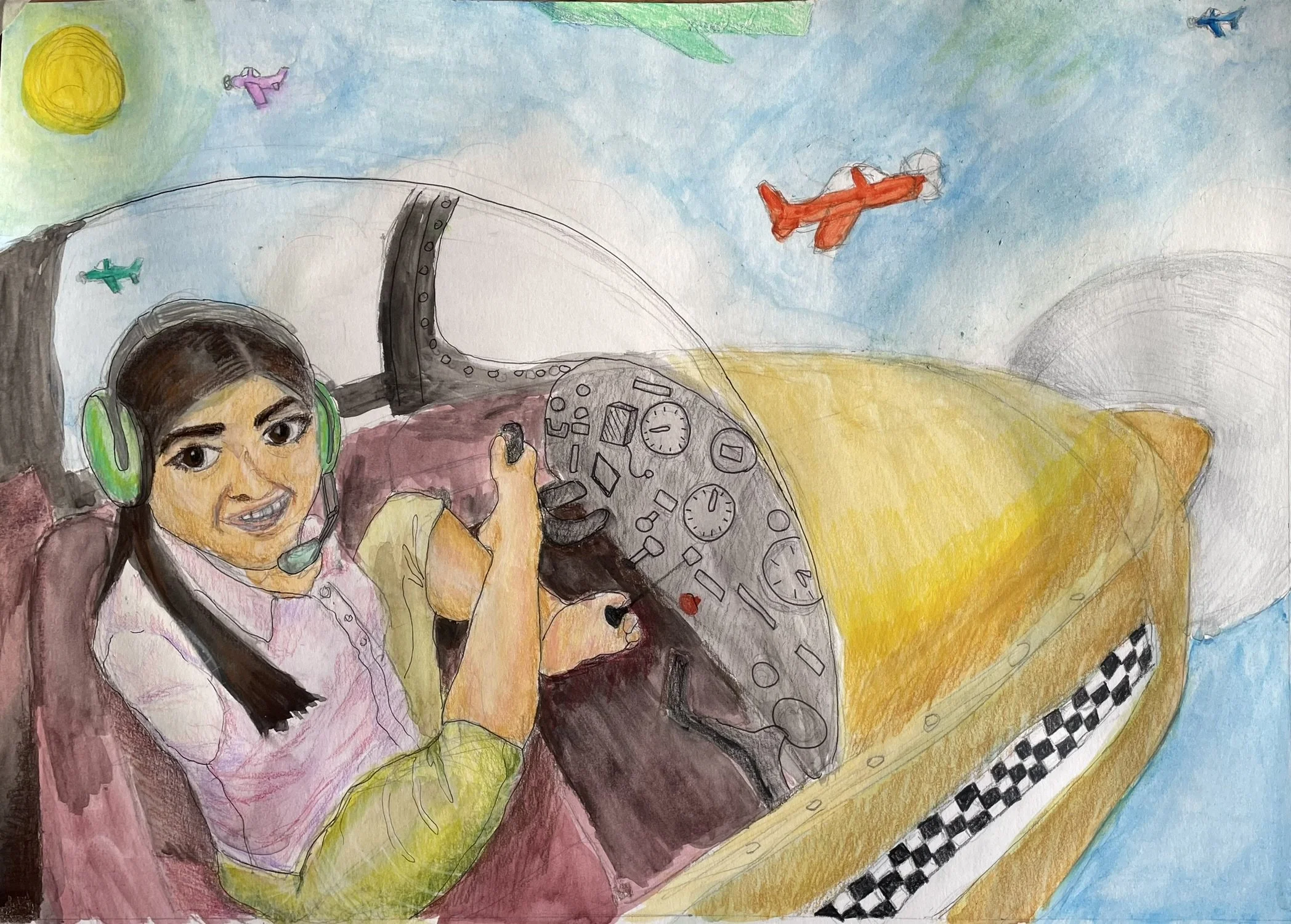 A colorful drawing of a young girl with dark hair wearing green headphones, sitting in the cockpit of an airplane. The airplane is flying through a sky with blue, green, and yellow colors, with several other small airplanes and a bright yellow sun.