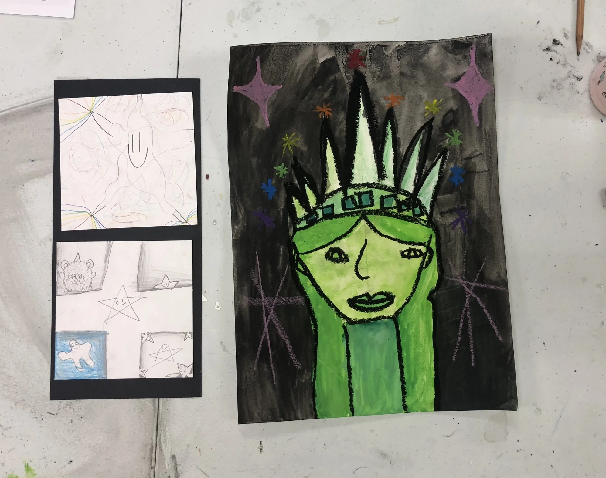 A hand-painted picture of a female figure with green hair and a crown, set against a black background with colorful stars and sparkles.