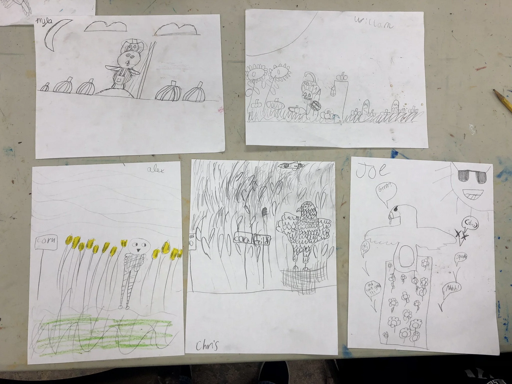Five children's sketches of various scenes including a person by pumpkins, flowers and creatures, a bird with sunglass, a person in marsh, and a bird with speech bubbles.