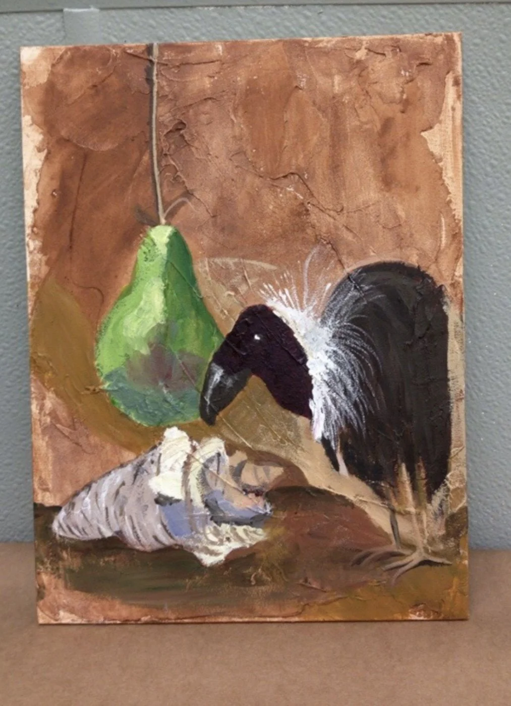 An artistic painting of a mother elephant with its baby, a green leaf in the background, on a textured brown canvas.