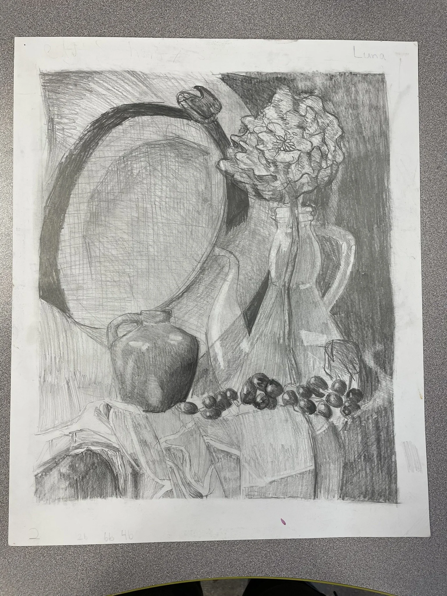 A pencil sketch of a still life arrangement featuring a large round tray, two vases with flowers, a rounded vase, a cluster of grapes, and draped fabric on the table, with a dark background.