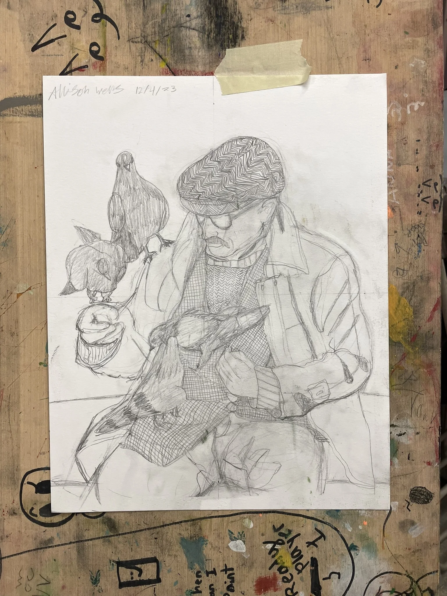 A detailed pencil sketch on paper of a person wearing a patterned hat, glasses, and a jacket, surrounded by three birds, with one bird on the person's arm and another on the person's head, sitting on their shoulder.