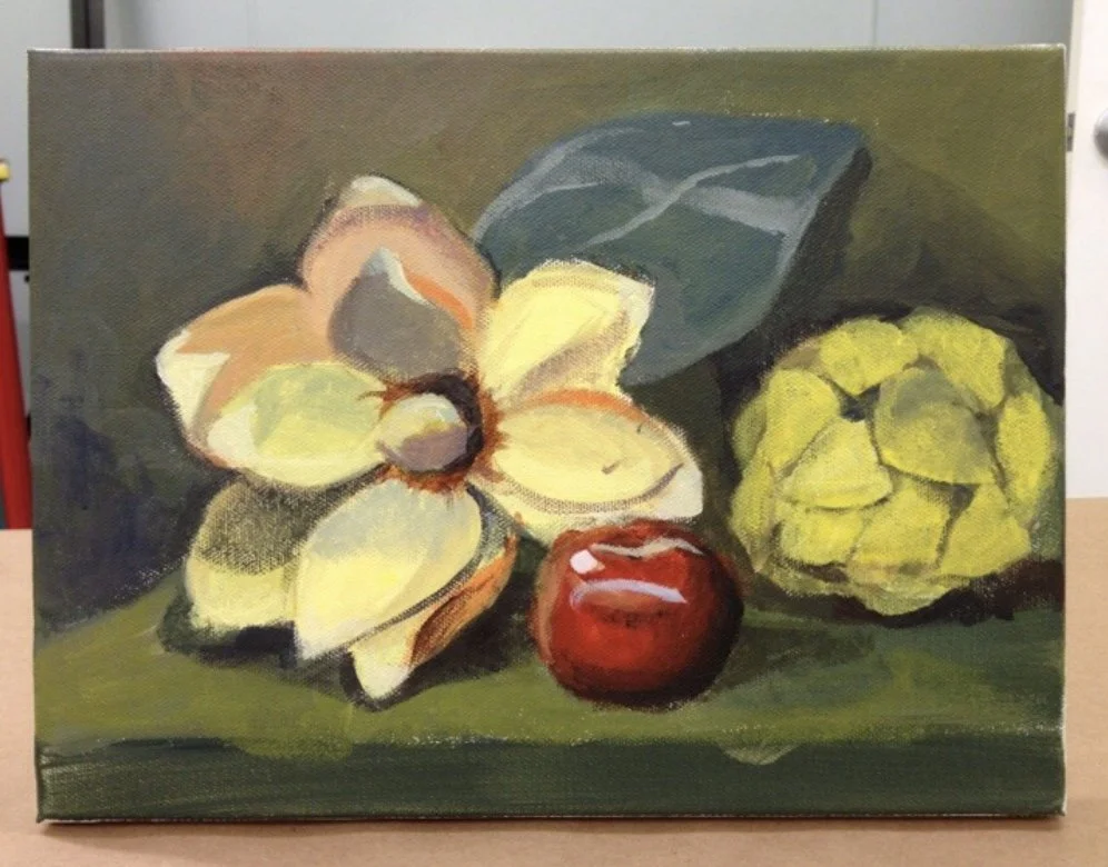 Painting of a flower, a leaf, a yellow object, and a red apple on a green surface.