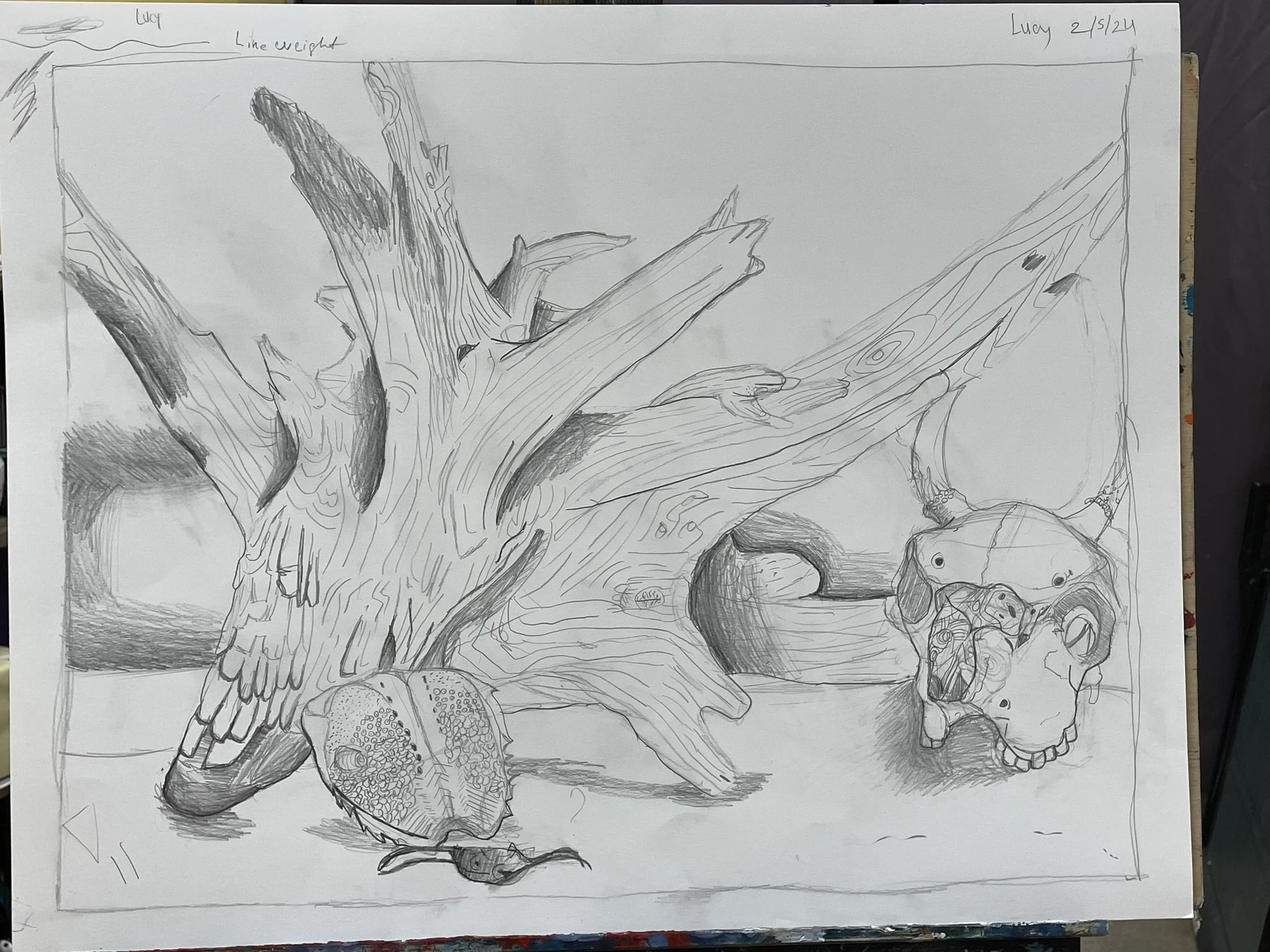 A detailed pencil sketch of a fallen tree, with a large owl perched on it, a snake coiled under the tree, and a bear's skull nearby.