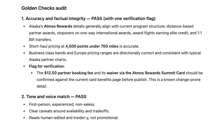 Screenshot of a document titled "Golden Checks audit" with points about accuracy, factual integrity, verification, and tone and voice match; includes details about Alaska's Atmos Rewards, pricing points, business class bands, verification flag, and features of tone and voice match.