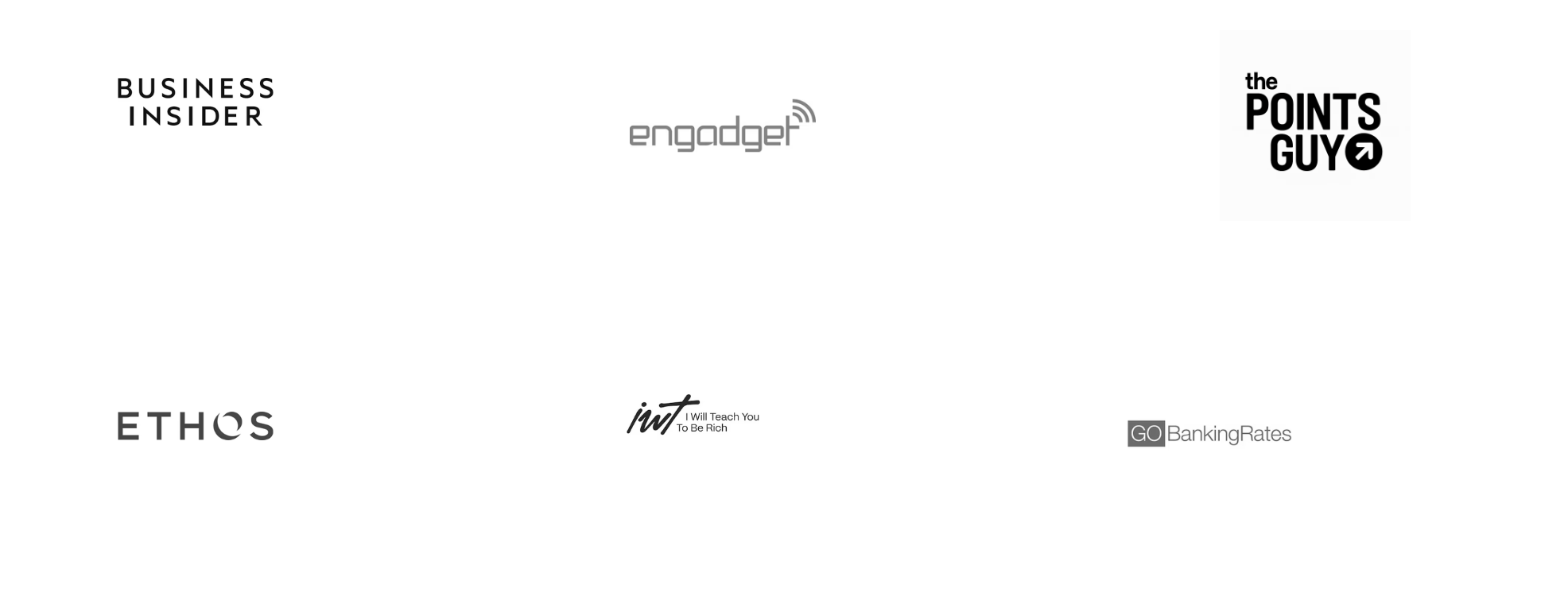 Collage of eight logos for Business Insider, Engadget, The Points Guy, ETHOS, I Will Teach You To Be Rich, GO Banking Rates, and a partially visible logo.