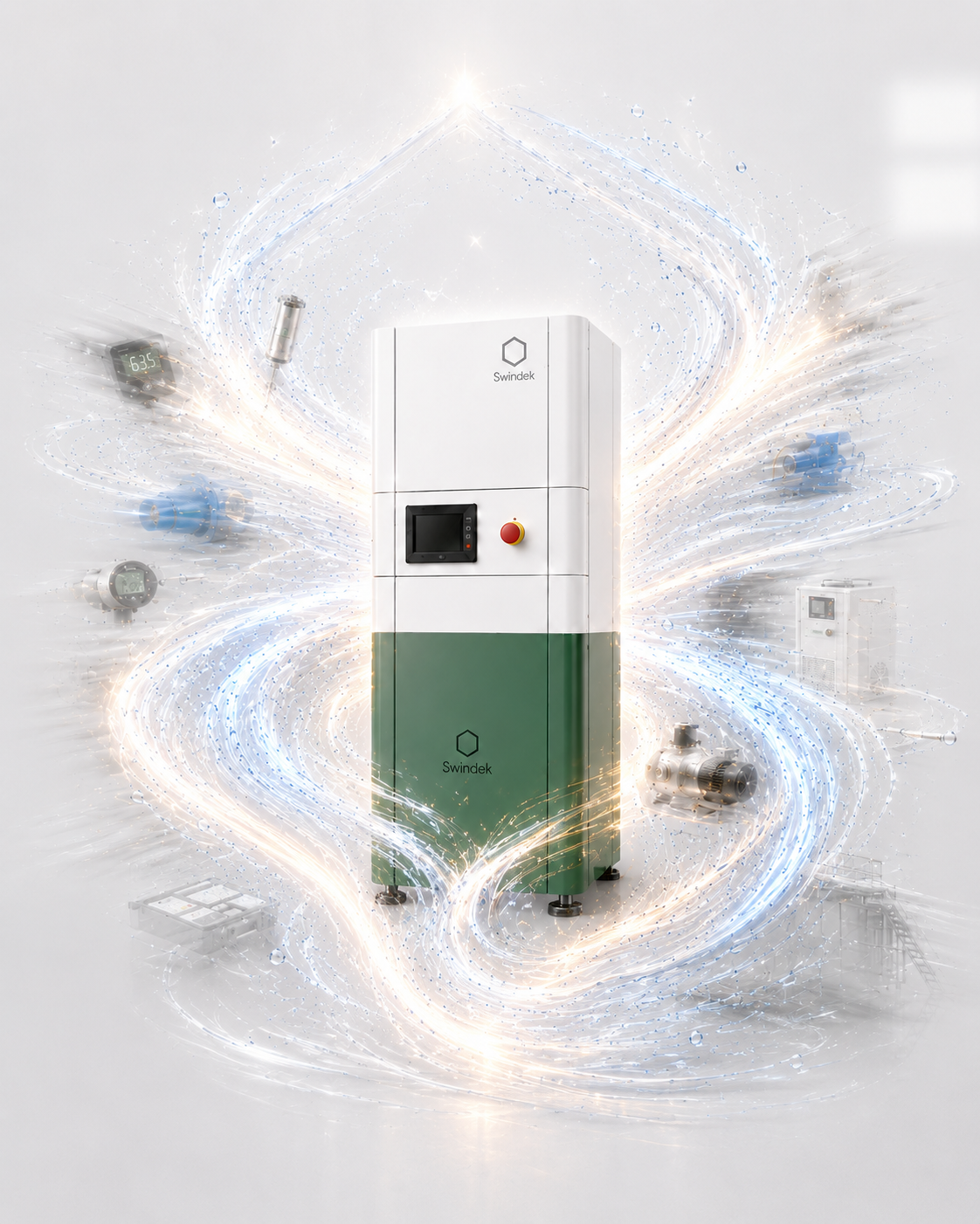 Swindek regenerative fluid management system showing filtration, monitoring, control, regeneration and support converging into one intelligent coolant management cabinet.