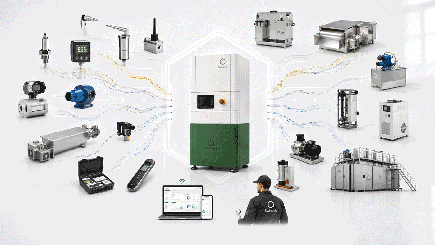 Swindek® brings filtration, monitoring, regeneration and support into one integrated coolant management system for precision machining environments.