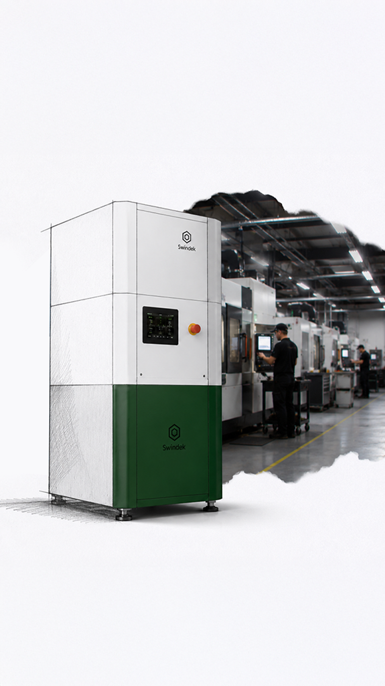 Swindek regenerative coolant management cabinet shown between technical drawing and real CNC workshop environment, representing industrial filtration development for precision machining.