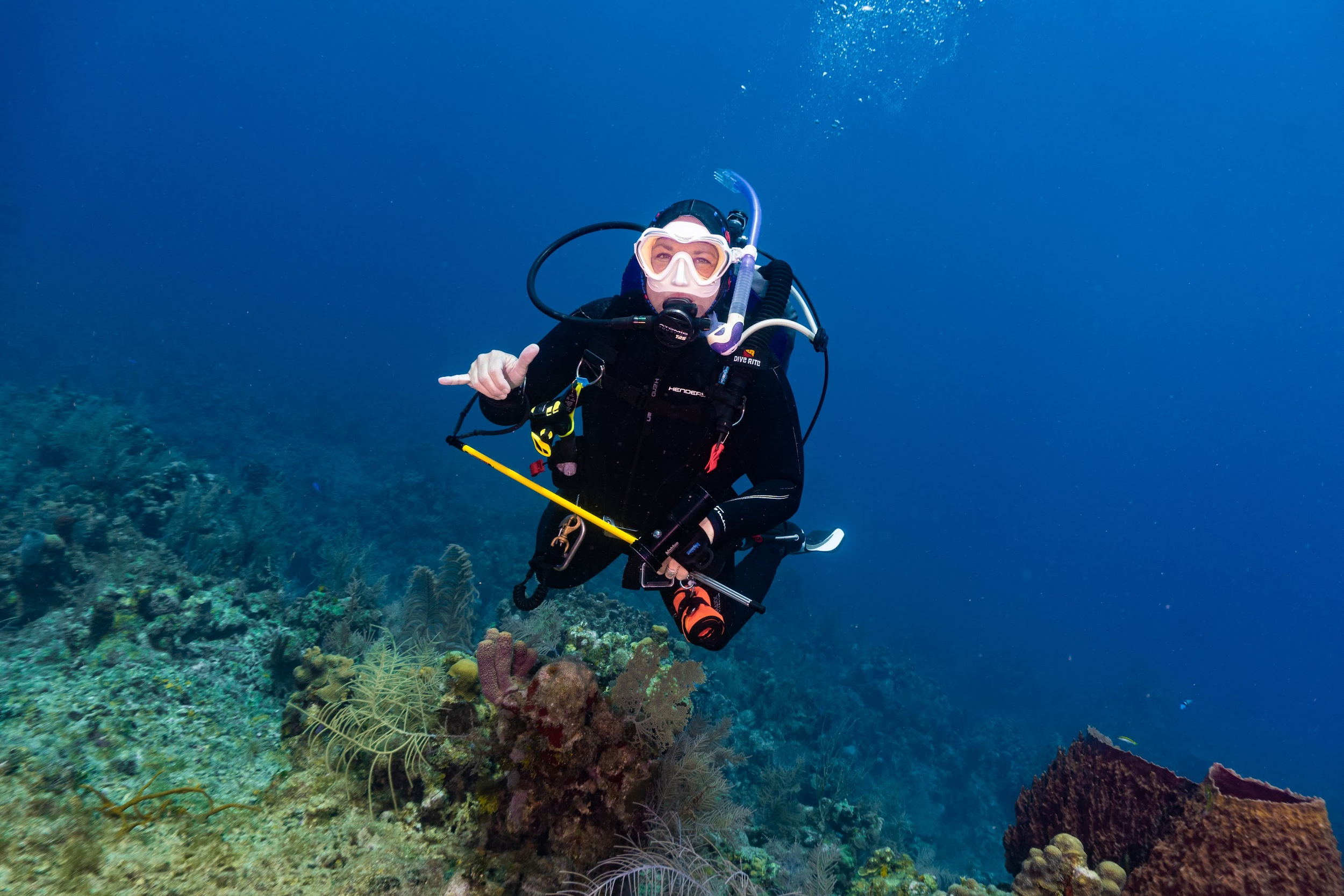 A scuba diver in black gear swimming above coral reef underwater.