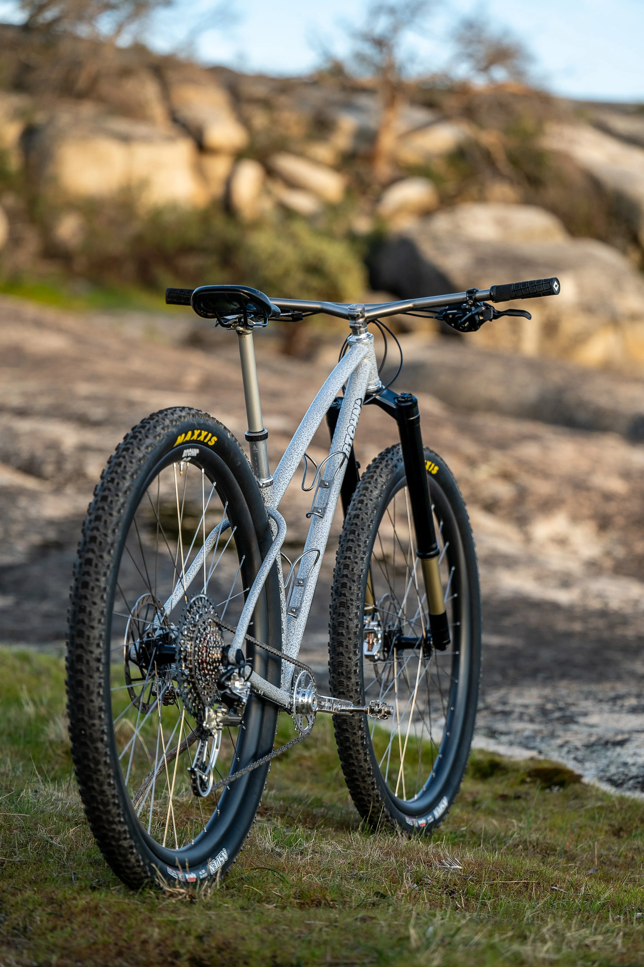 A silver mountain bike with black tires and yellow Maxxis branding, standing on grass near rocky terrain and blurred trees in the background.