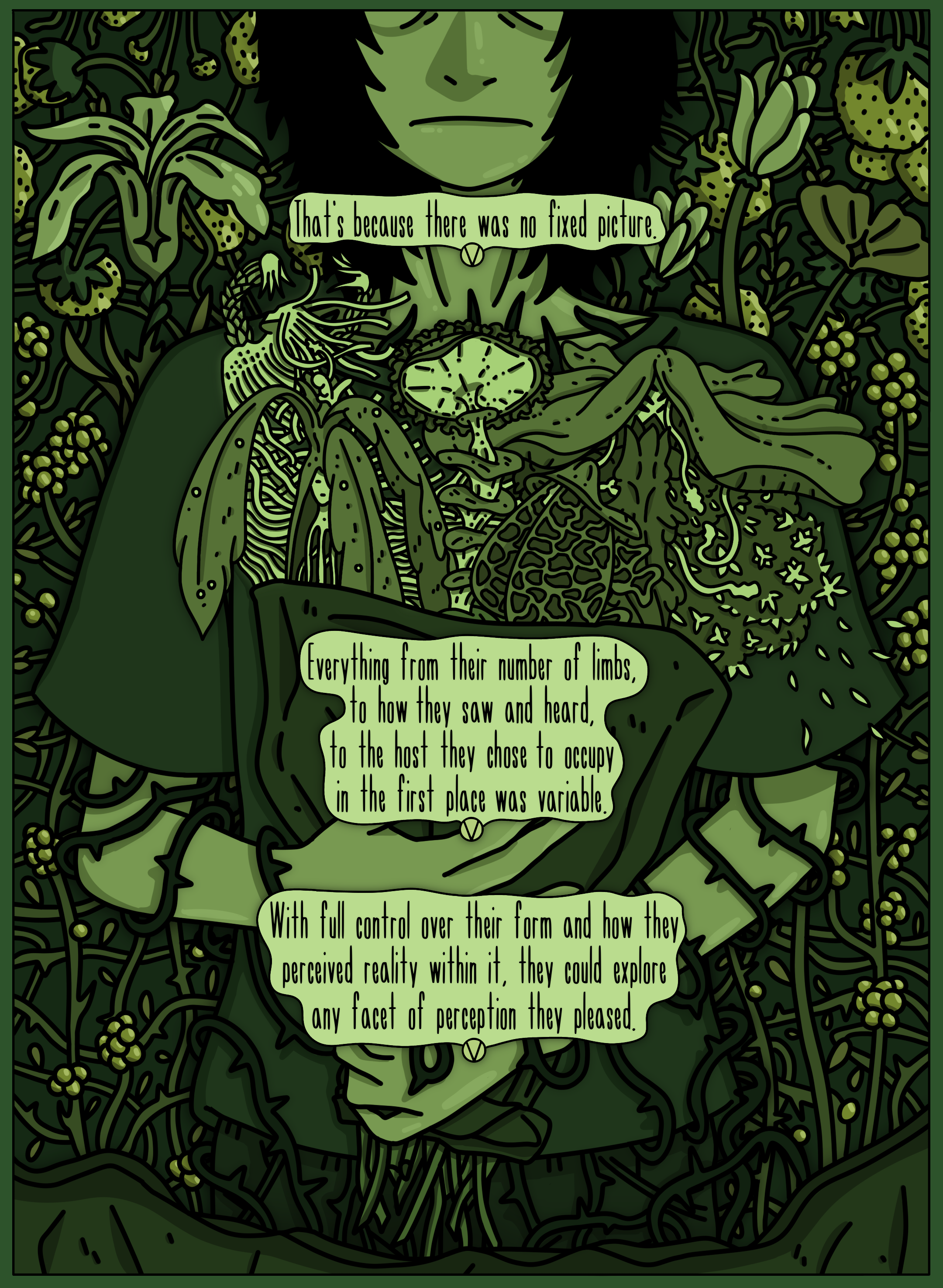 An illustration of a person with dark hair and a serious expression, surrounded by various plants and trees. The image contains three speech bubbles with text discussing perception and control over reality, with the central figure holding a portrait of a face.