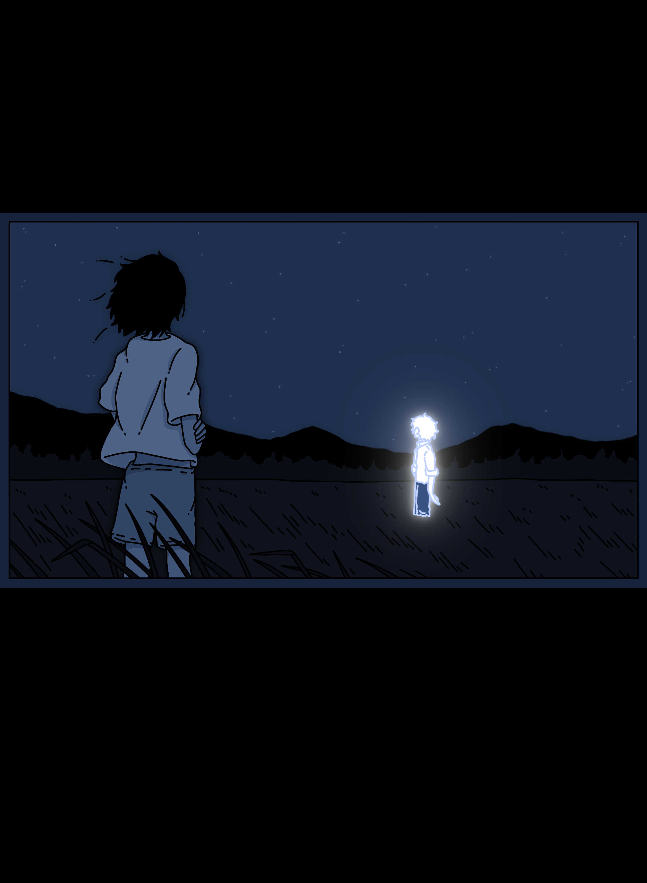 Anime-style drawing of a girl looking at the night sky with stars, and a glowing character in the distance.