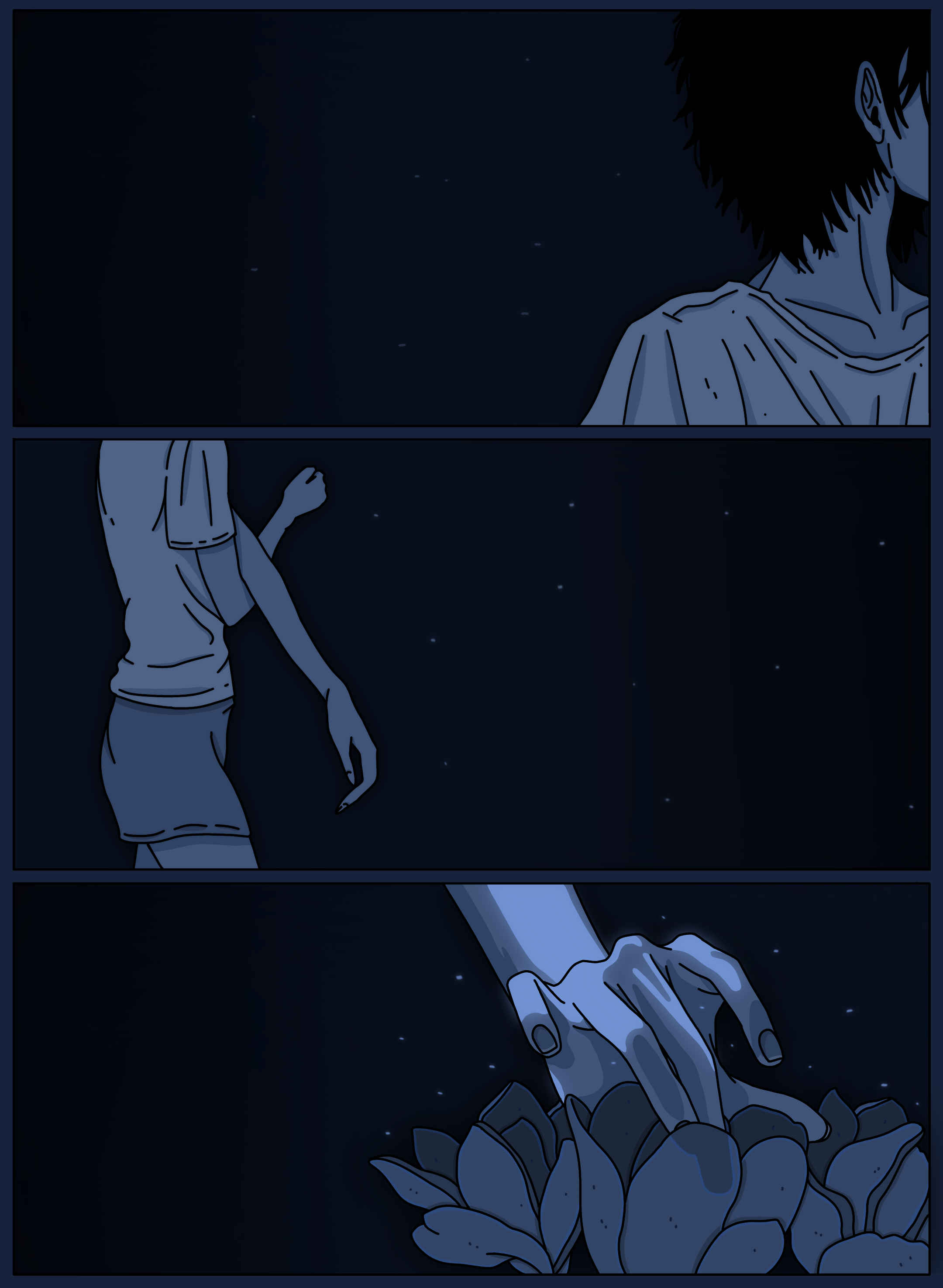 A person in a t-shirt is reaching out towards a flower, with starry night sky in the background.