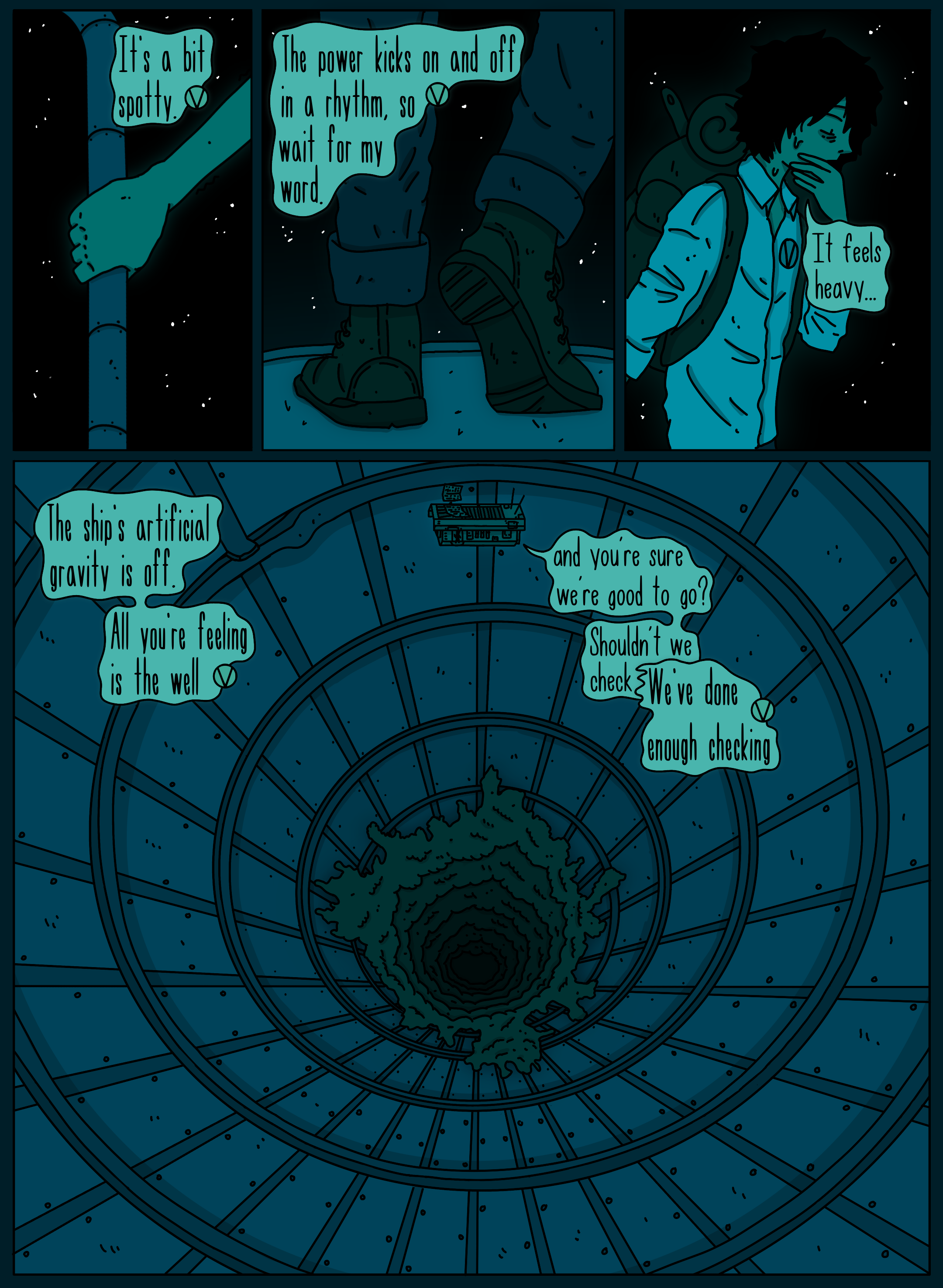 A comic page showing a person inspecting a spaceship with a control panel, with dialogue about the ship's controls and the artificial gravity system, set in a space environment with stars.