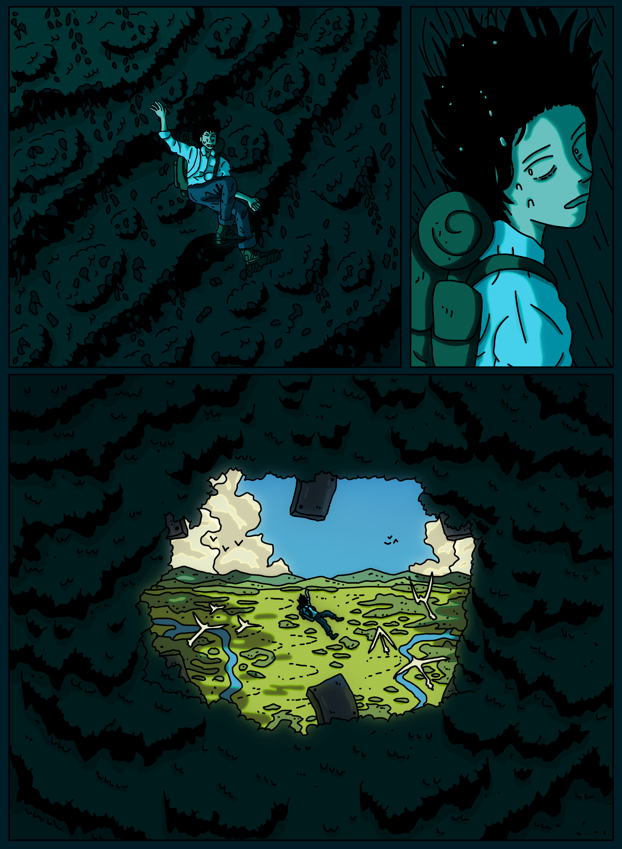 A comic panel depicting a person lying on the ground in a forest clearing after a plane crash, with a view through a hole in the trees showing the sky, clouds, and mountains in the distance.