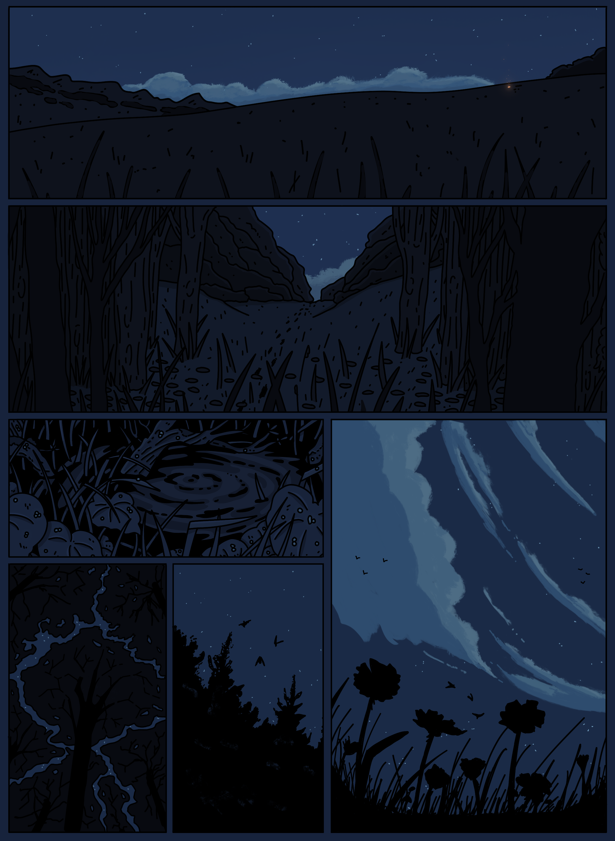 Nighttime scene with a starry sky, clouds, mountains, trees, and a flowing river.