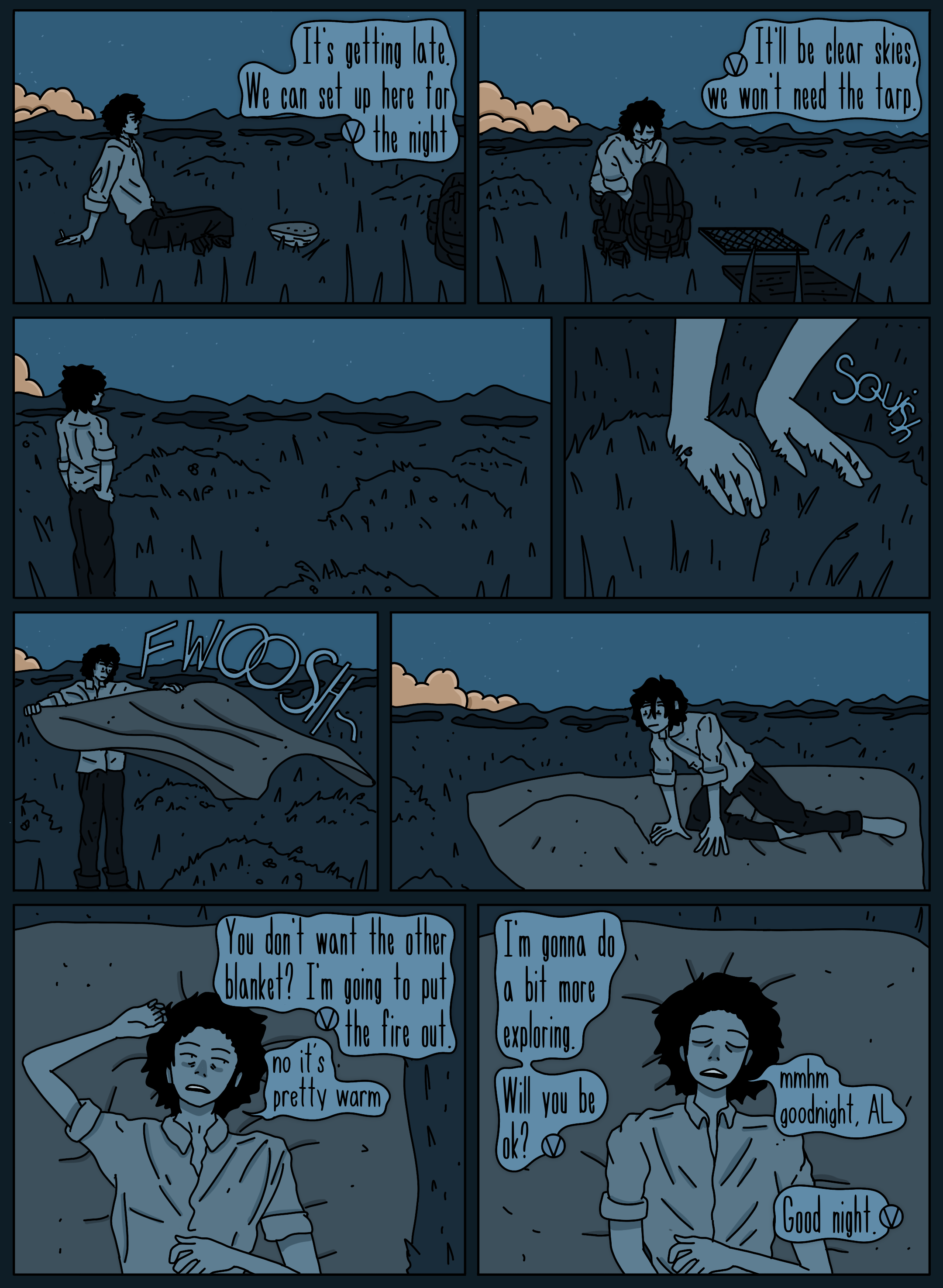A comic strip showing a person sitting on a grassy hill at night, preparing for bed. They talk about the sky clearing and setting up their campsite for the night, then lying down and eventually falling asleep. The person then dreams or imagines a conversation about exploring and the other person saying goodnight.