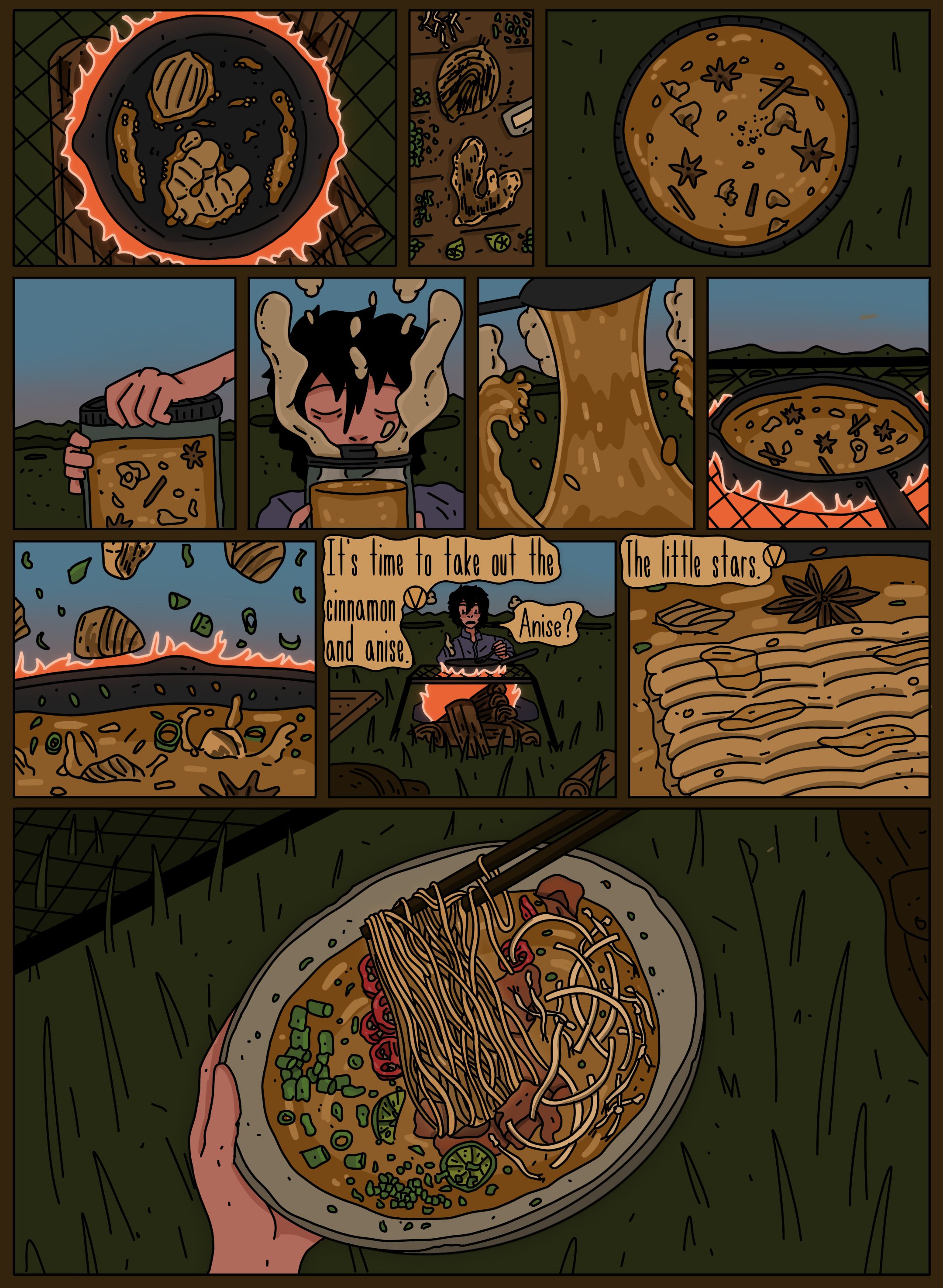 A comic-style illustration of a person cooking and eating ramen noodle soup at a campsite. The scene includes a close-up of the soup with ingredients like noodles, sliced meat, green onions, and peppers, a person holding a bowl, and a campfire in the background. The person is sitting outdoors with mountains in the distance.