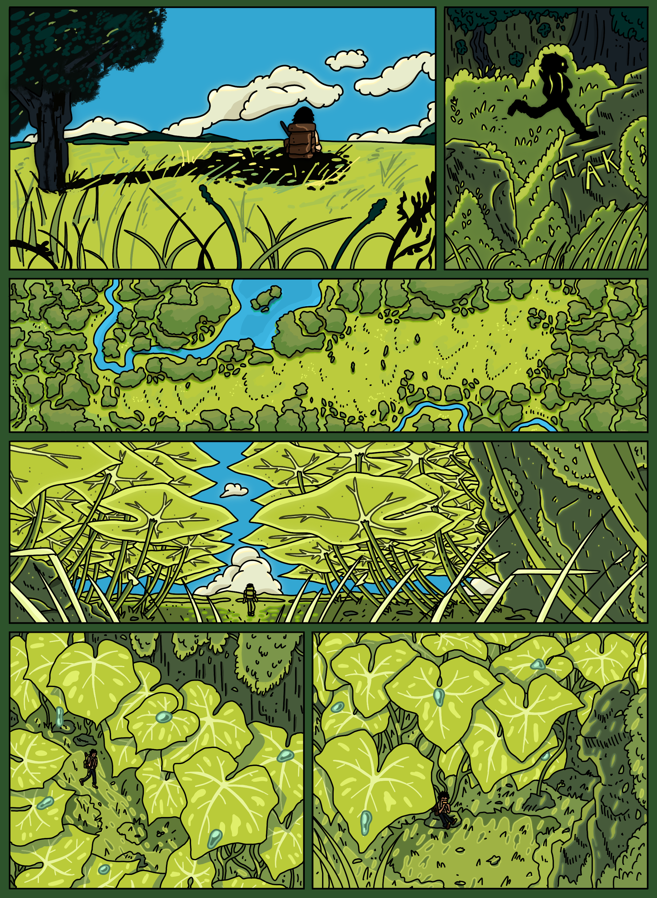 A person sitting on a hilltop, looking at clouds; a shadowy creature running in the woods; various aerial views of a lush green landscape with rivers and forests; a person walking through dense green foliage; close-up of green leaves with raindrops.
