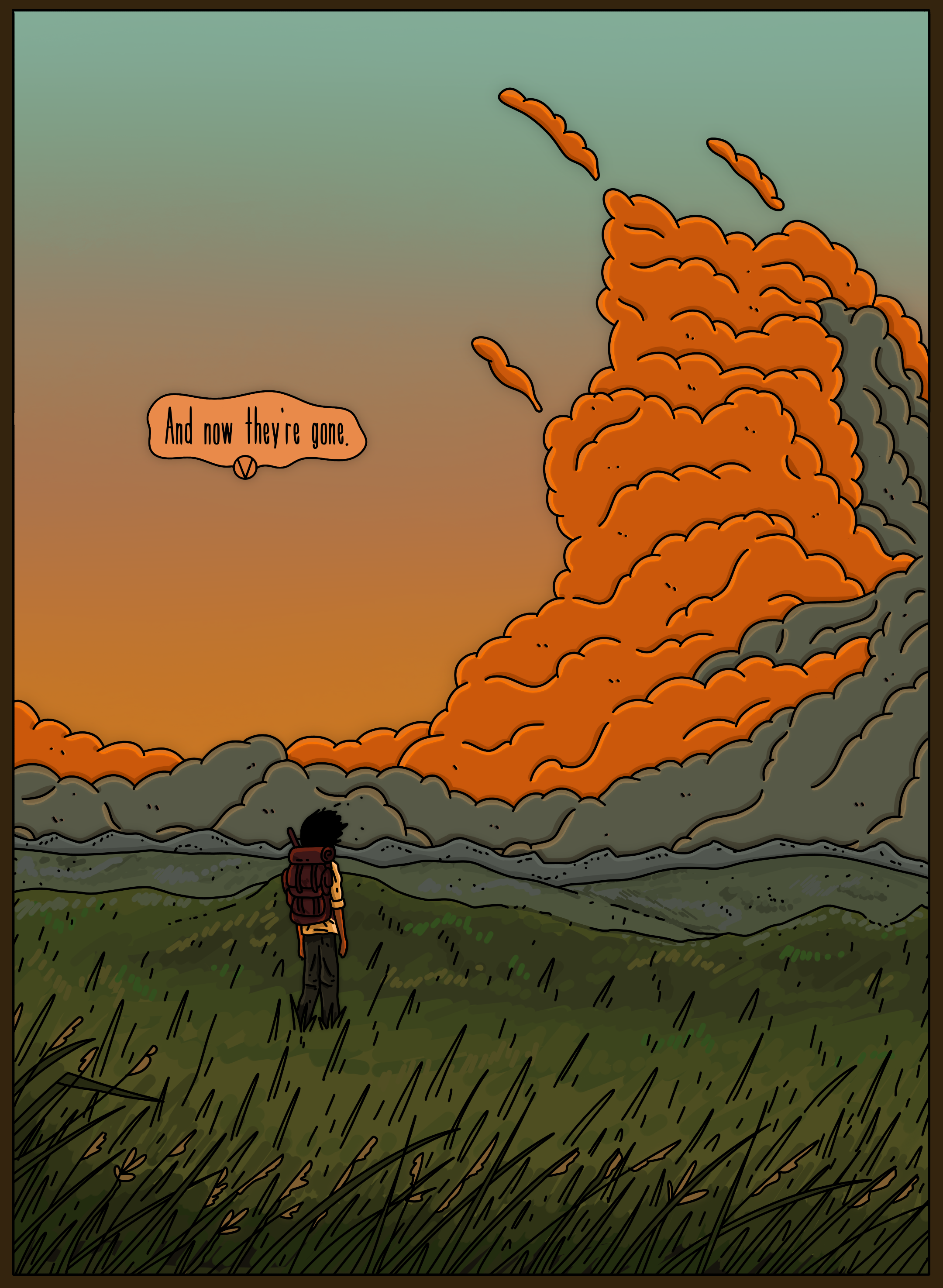 A person with a backpack standing in a grassy field, looking at a large, orange and gray cloud of smoke or dust rising in the distance with a sunset sky in the background.