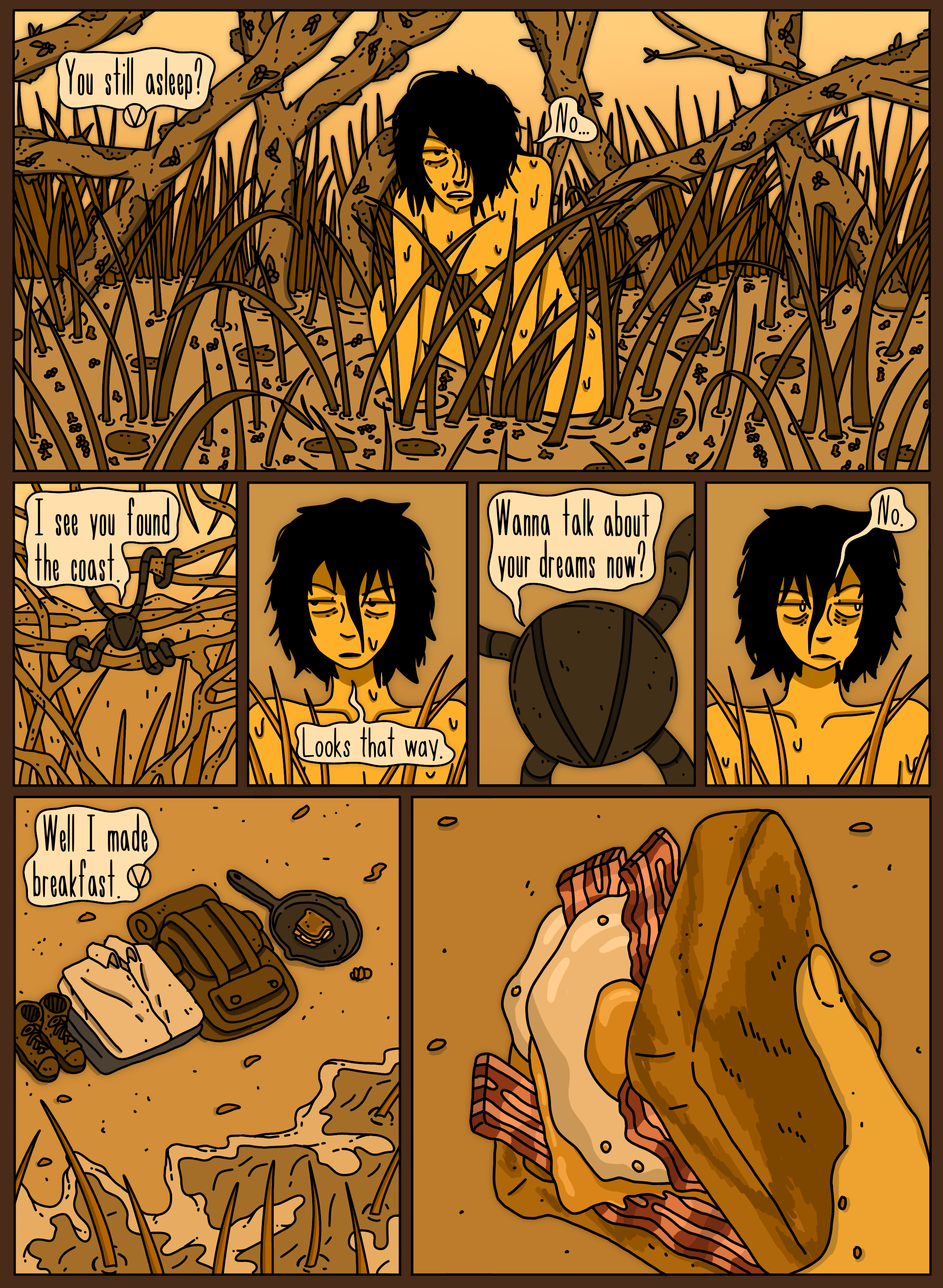 A comic strip showing a young person with black hair sitting in tall grass and surrounded by trees. The person is sweaty and appears tired or sad. The dialogue shows the person asking if someone is still asleep, and then later talking about finding the coast and having breakfast, with a backpack, a sandwich, and other items scattered on the ground.
