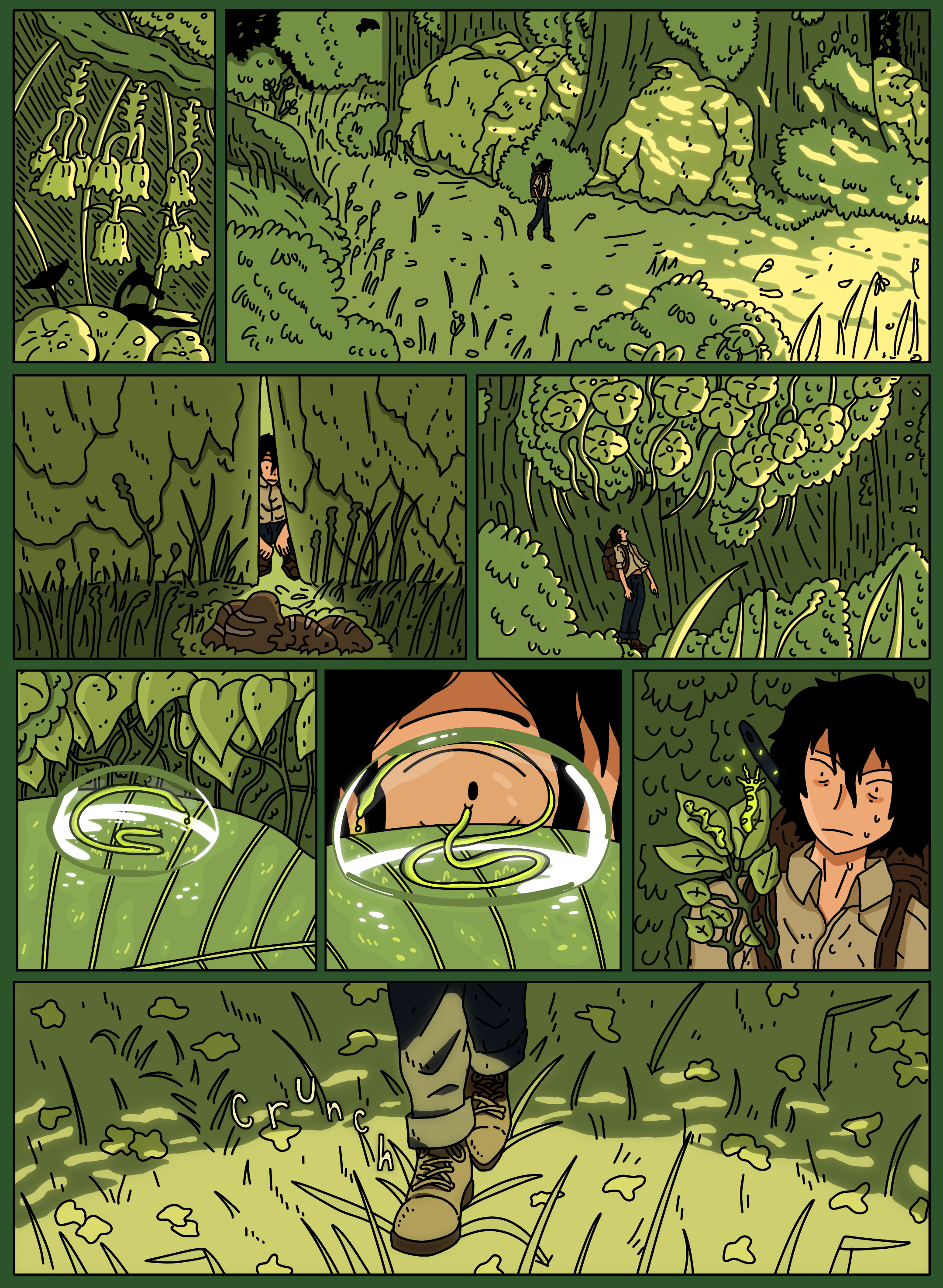 A person hiking through a dense green forest with tall grass, bushes, and trees. The hiker is wearing outdoor clothing and sturdy boots, walking along a narrow path lined with various plants, including large leafy ones. The scene includes a close-up of the hiker's face, suggesting a moment of exploration or discovery.