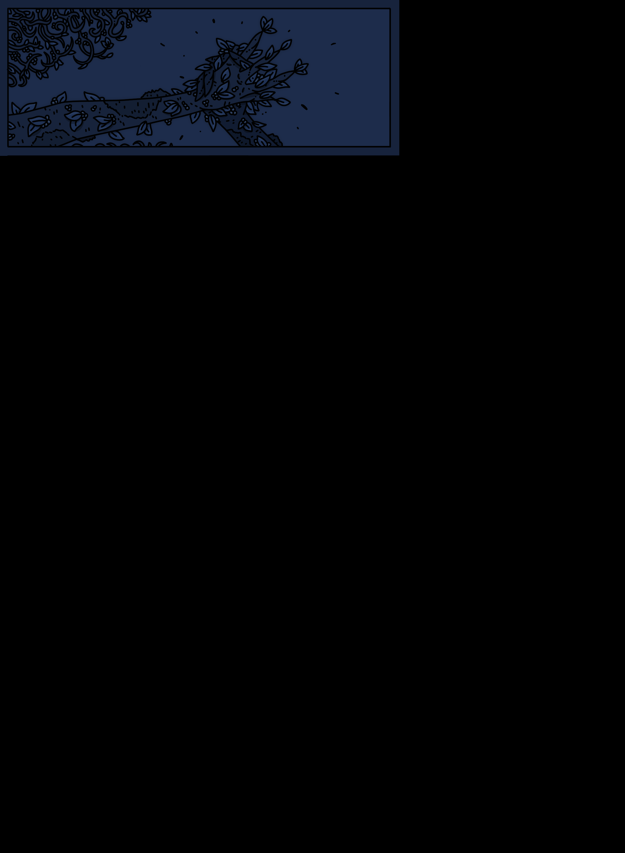 Hand-drawn illustration of a tree branch with leaves and small flowers, set against a dark blue background.