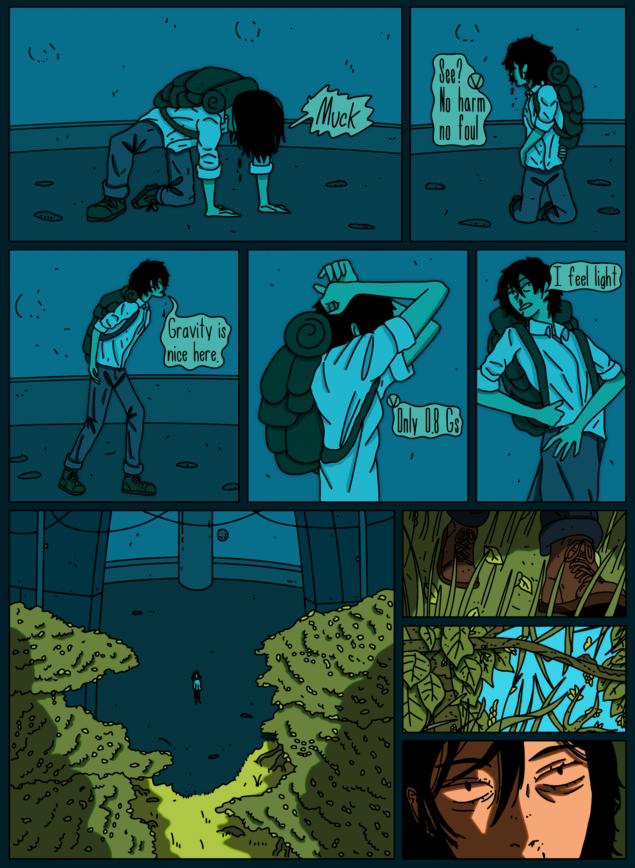 A comic strip featuring a character with long hair and a backpack exploring nature. The character kneels, then stands next to a sign that says "See? No harm no foul." They observe a small creature, and then reflect on gravity and feeling light, with scenes of a lake, dense vegetation, and forest surroundings.