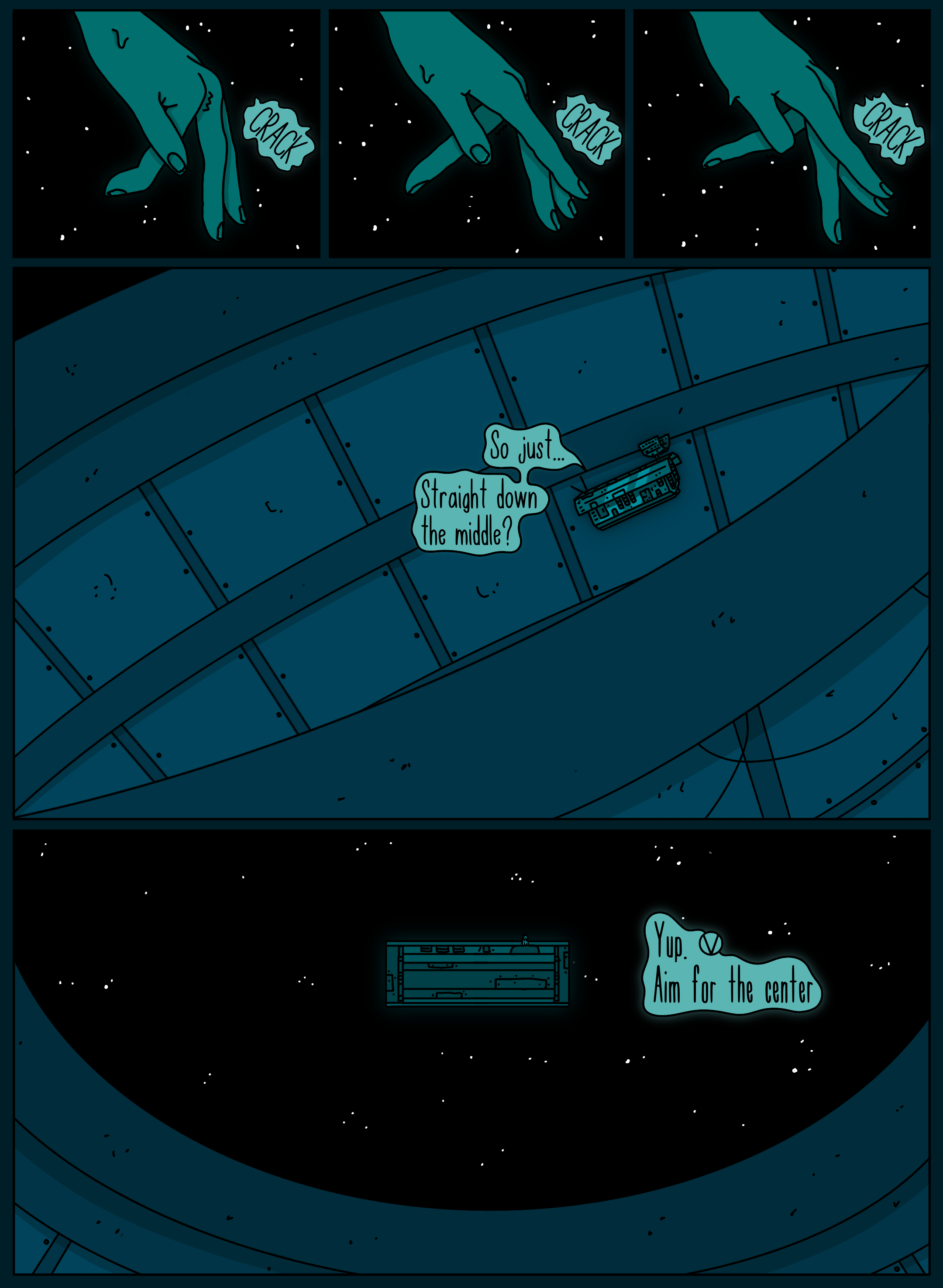 A comic strip of a hand in space knocking on a space station door. The hand makes a cracking sound while moving. There are dialogue bubbles, with one asking if straight down the middle is correct and another replying to aim for the center.