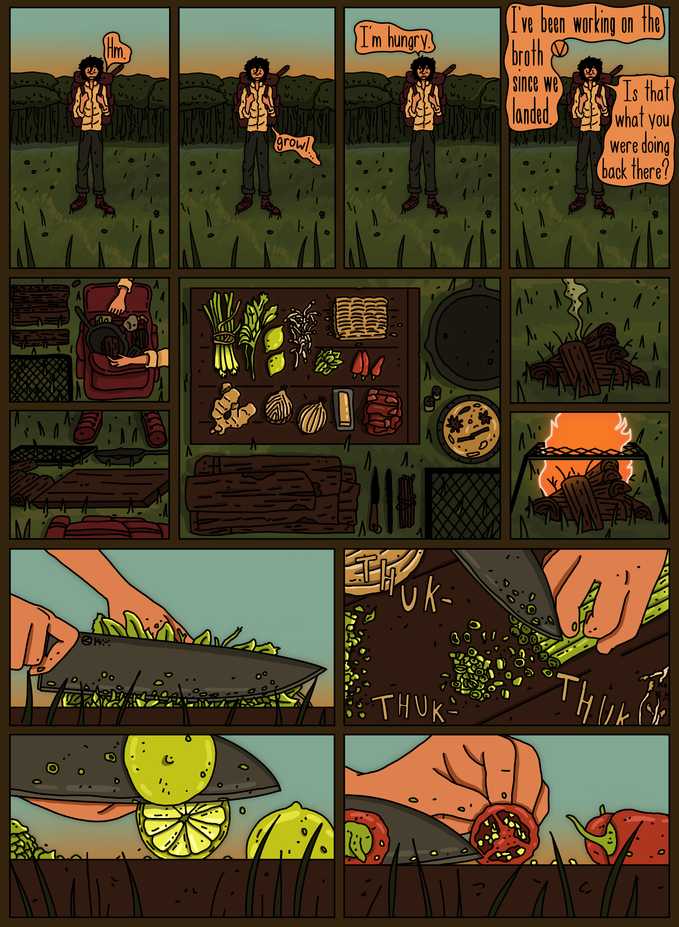 A comic strip showing a person hiking in a forest, later cooking vegetables and spices over a campfire, and preparing a meal with chopped tomatoes, peppers, and squashes.
