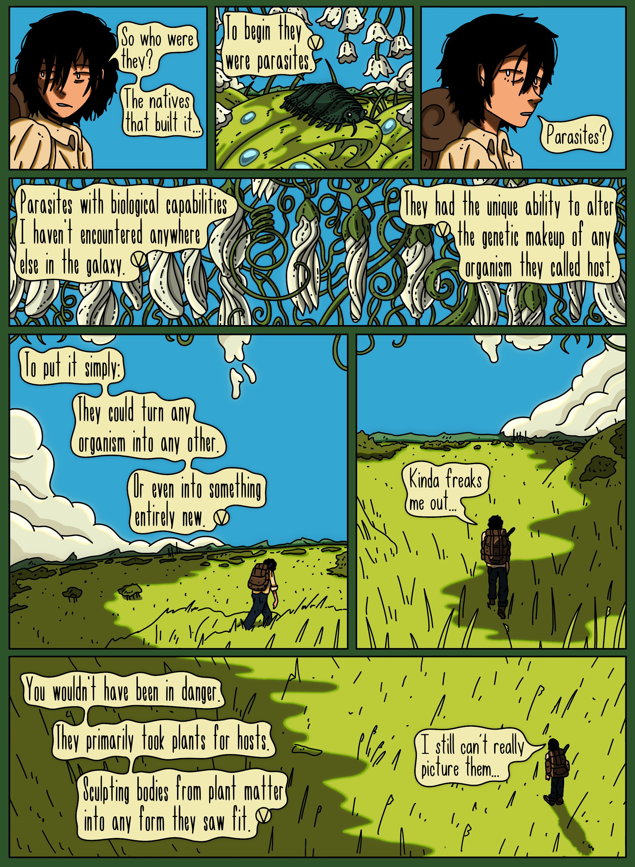 A comic strip featuring a person with long black hair explaining the concept of parasites. The panels show a close-up of the person's face, an illustration of a parasite on a host, a landscape with clouds, and the person walking through a grassy field while reflecting on parasitism.