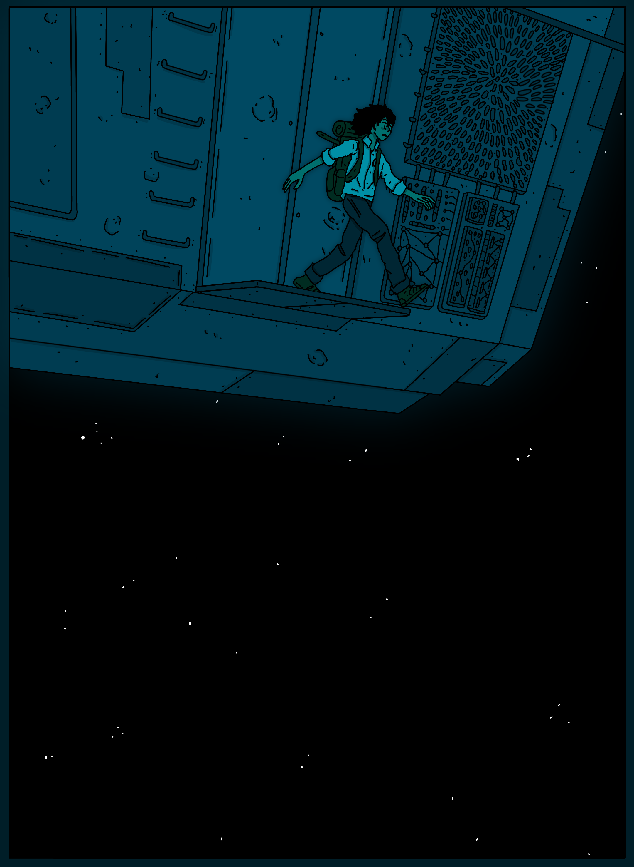 An animated person with dark curly hair, wearing a backpack, walking in space near a space station, with stars and the Earth in the background.