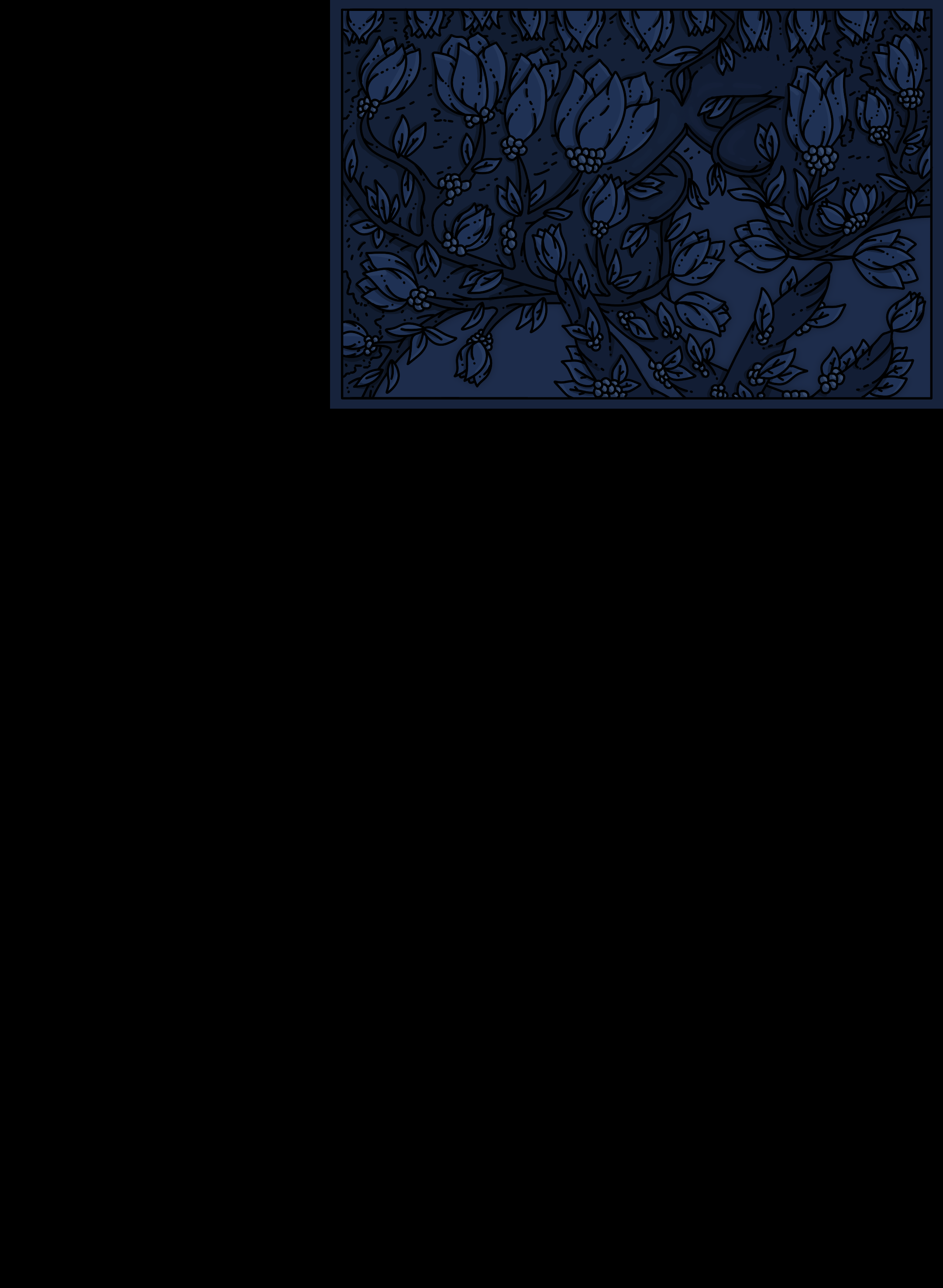 Black background with a rectangular blue floral pattern featuring various flowers and leaves outlined in black.