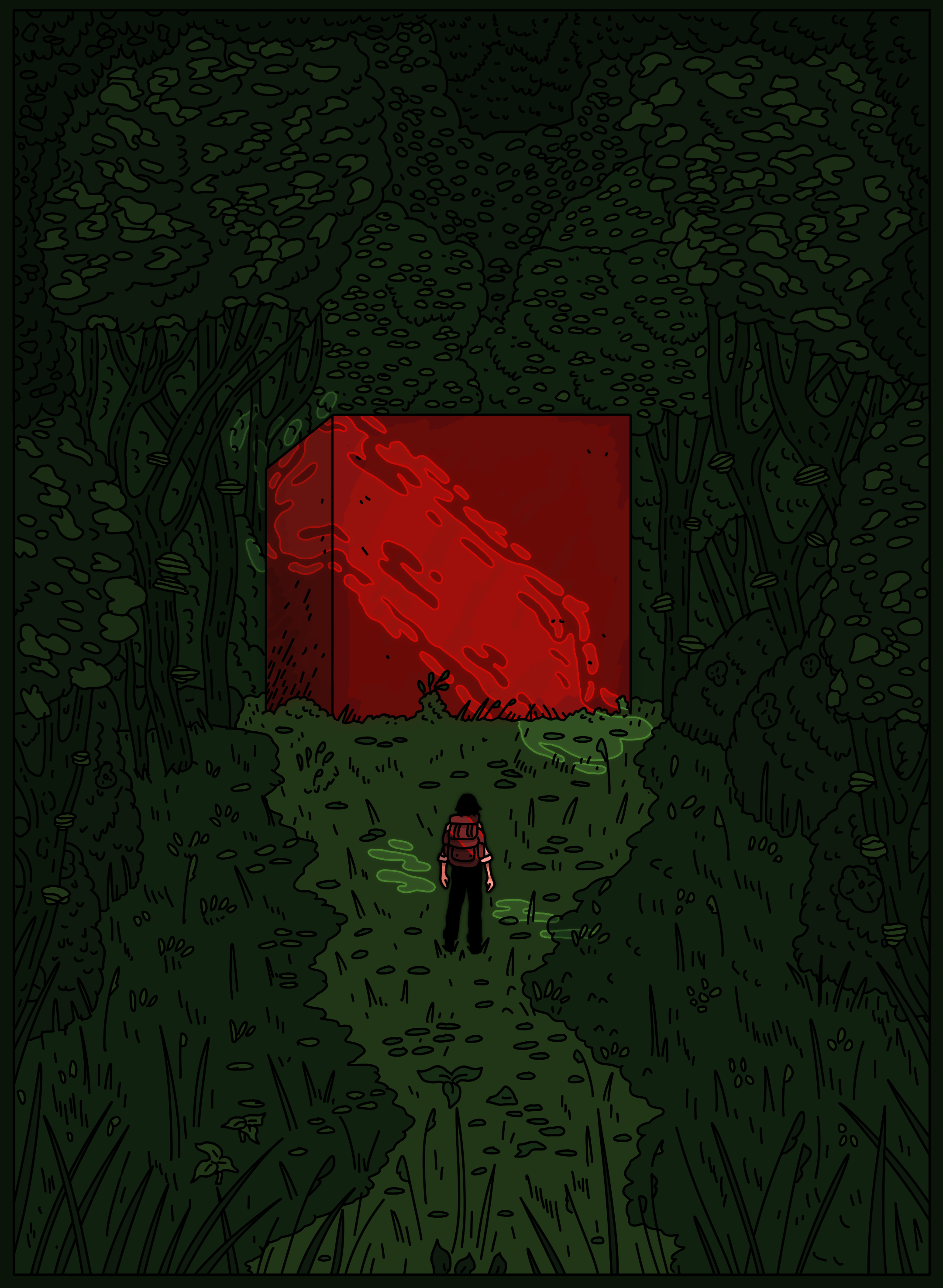 A person with a backpack walking on a trail through a dense forest with tall trees and green foliage, illuminated by a red glow.
