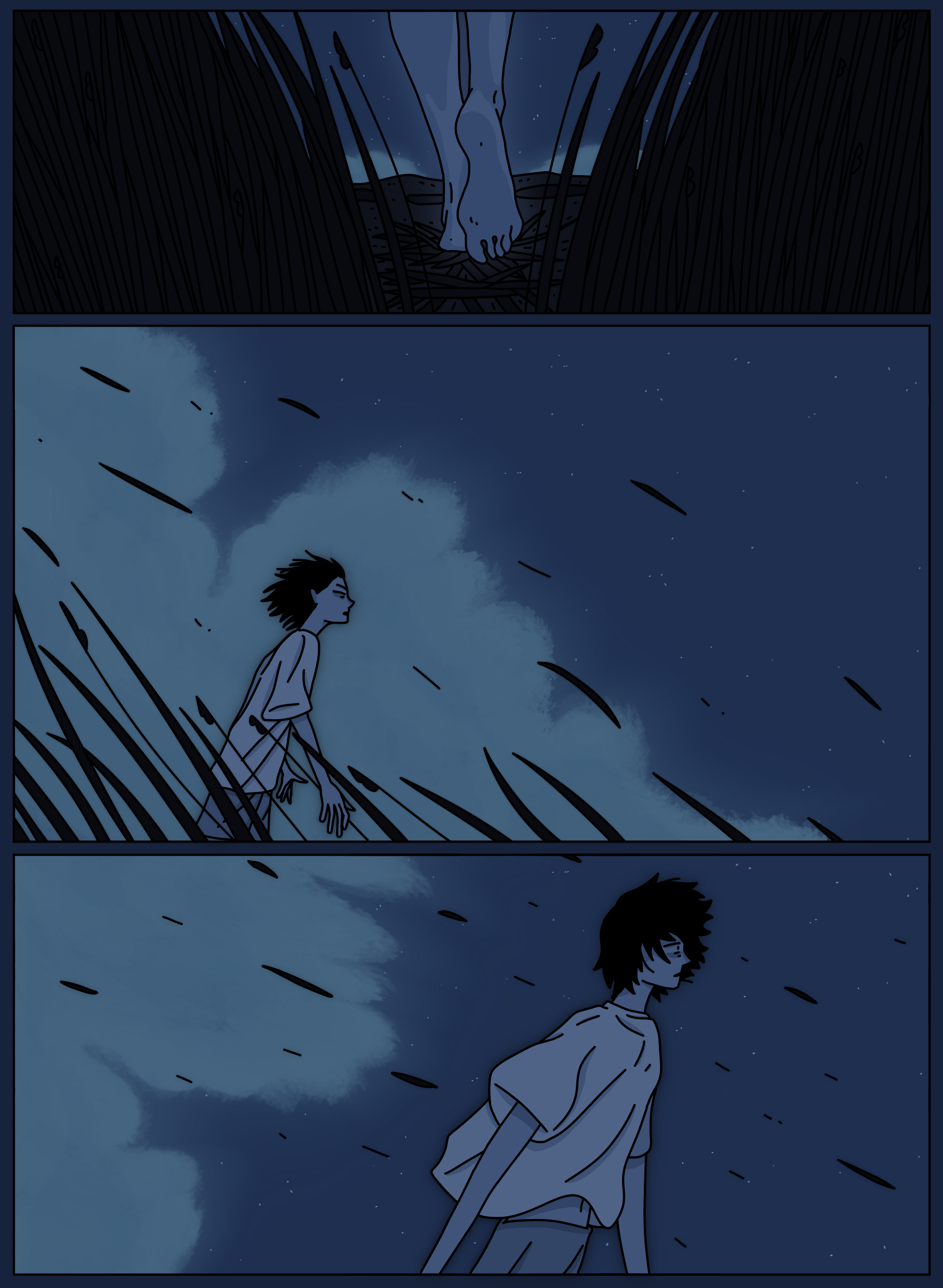 A young man with messy hair stands outside at night, looking up at a starry sky with clouds and shooting stars. The scene has a contemplative and serene atmosphere.