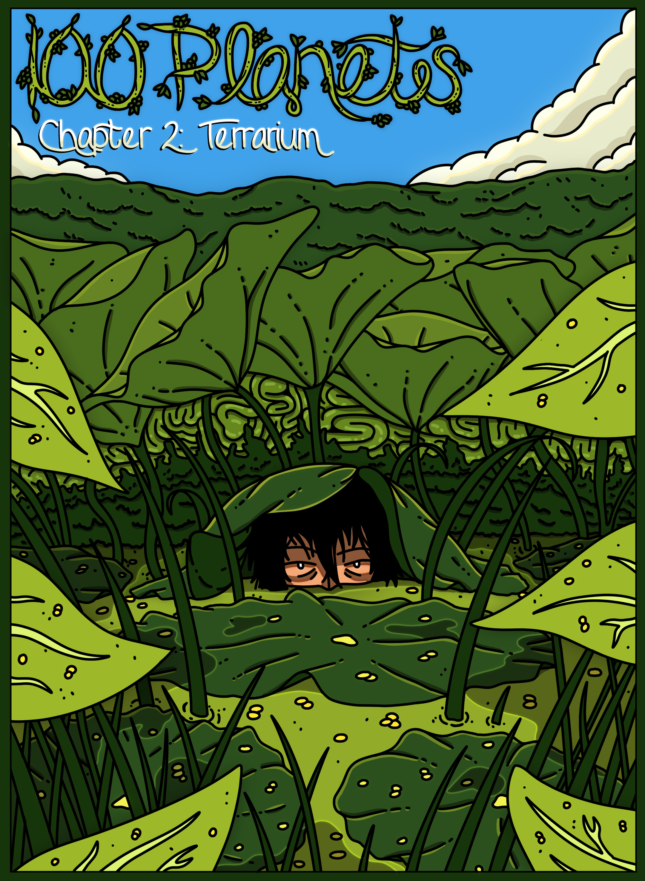 A cartoon illustration of a person with glasses and dark hair hiding in a dense, green, leafy swamp with tall plants and large leaves, near a mountain range under a blue sky with clouds, from the cover of a comic book titled "100 Phrases" Chapter 2: Terrarium.