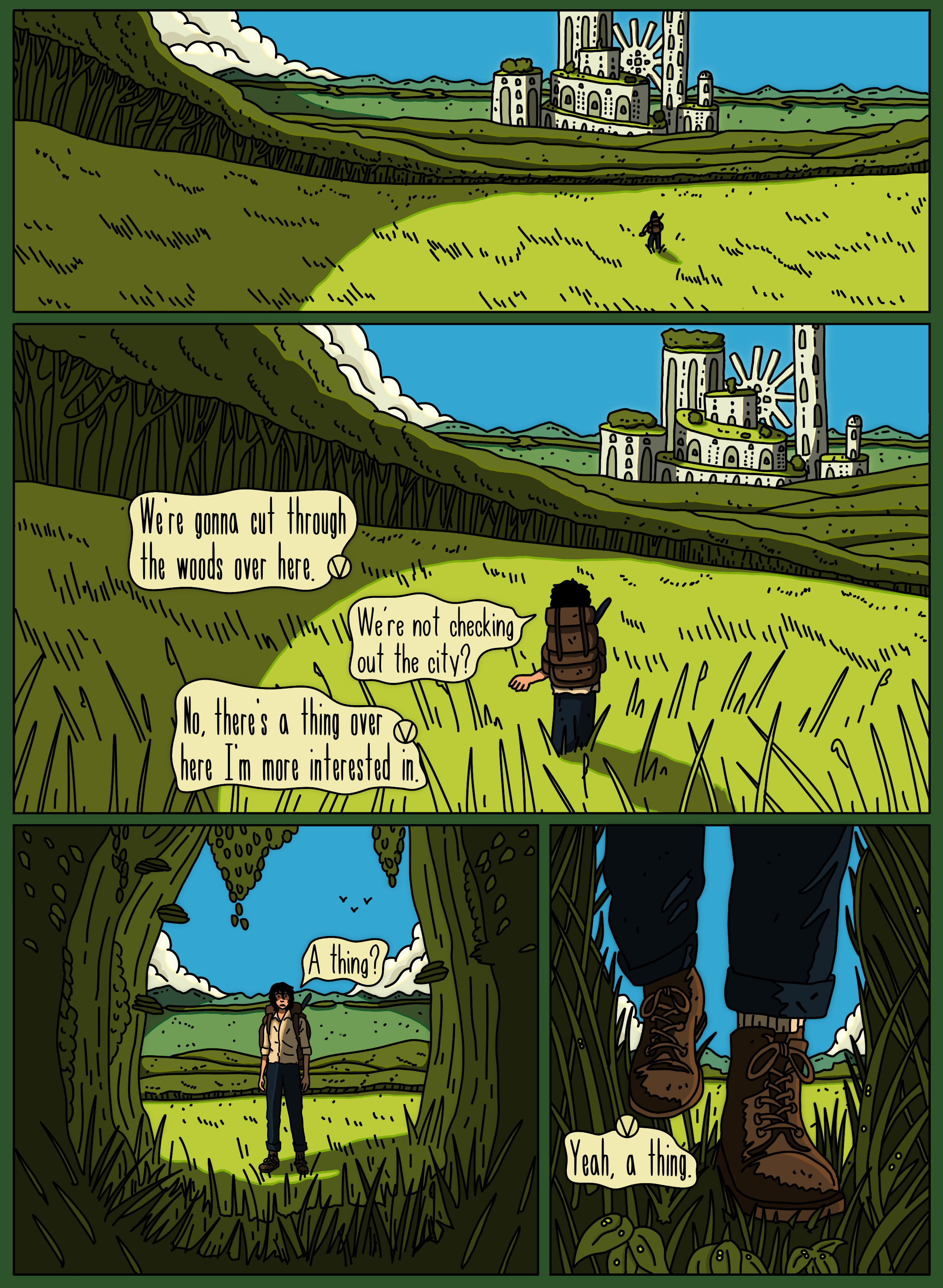 A comic strip depicting a person walking through a dense forest toward a distant city with tall buildings and wind turbines. The person is seen from behind, carrying a backpack and wearing boots. The comic includes dialogue about going through the woods and checking out the city.